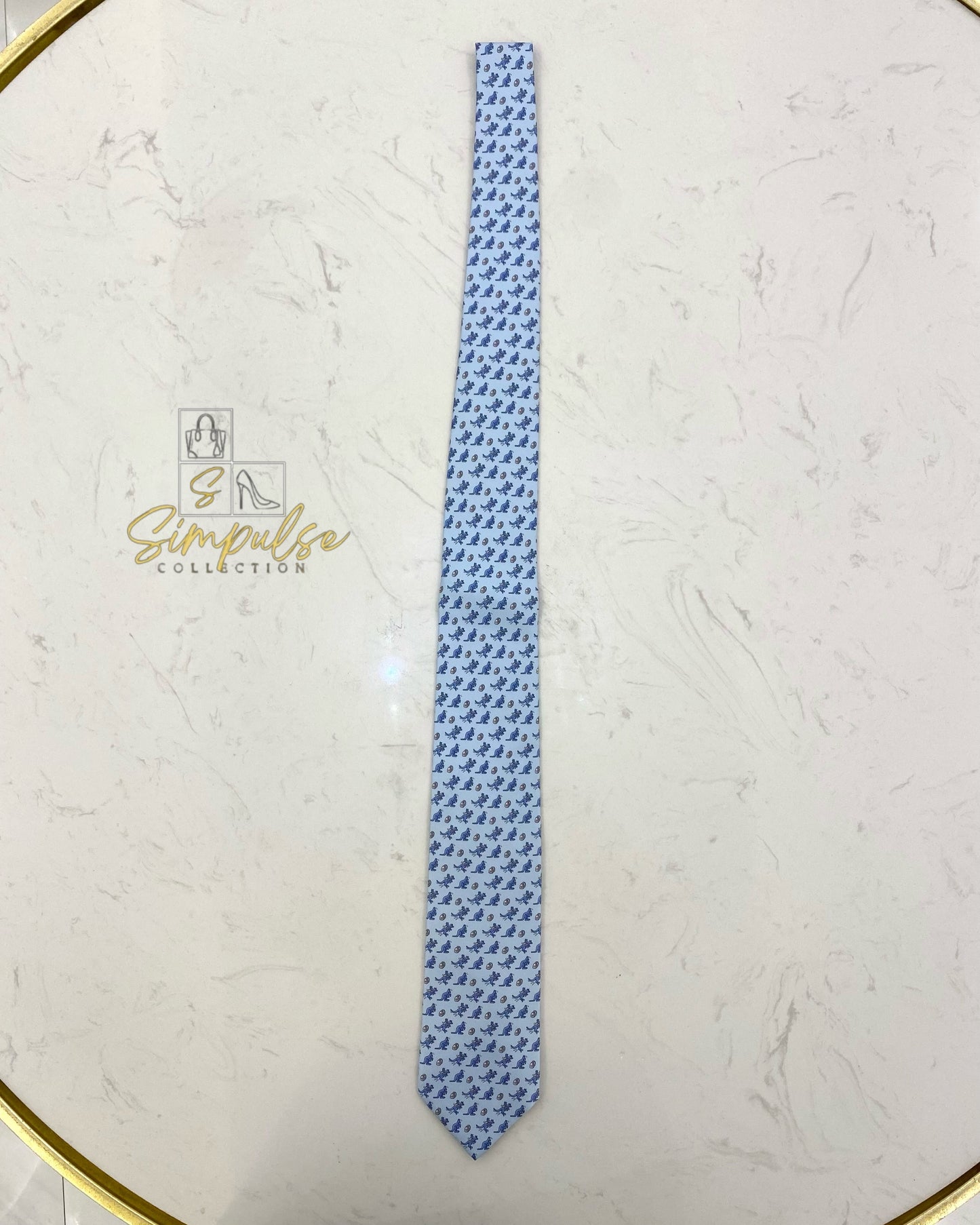 HERMES LIGHT BLUE SILK TIE KANGAROO DESIGN
