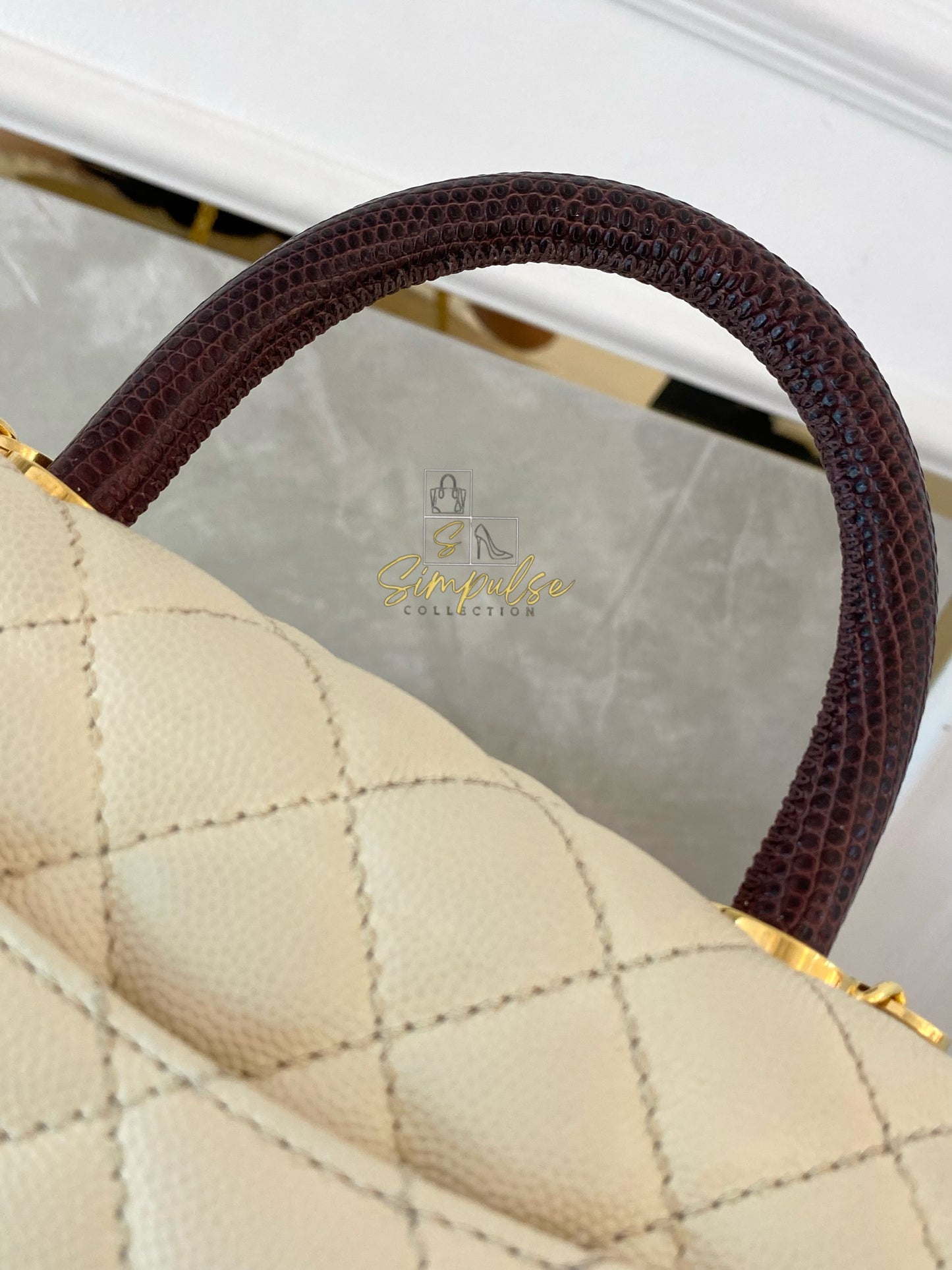 Chanel Coco Off-White Quilted Caviar Lizard Top Handle GHW