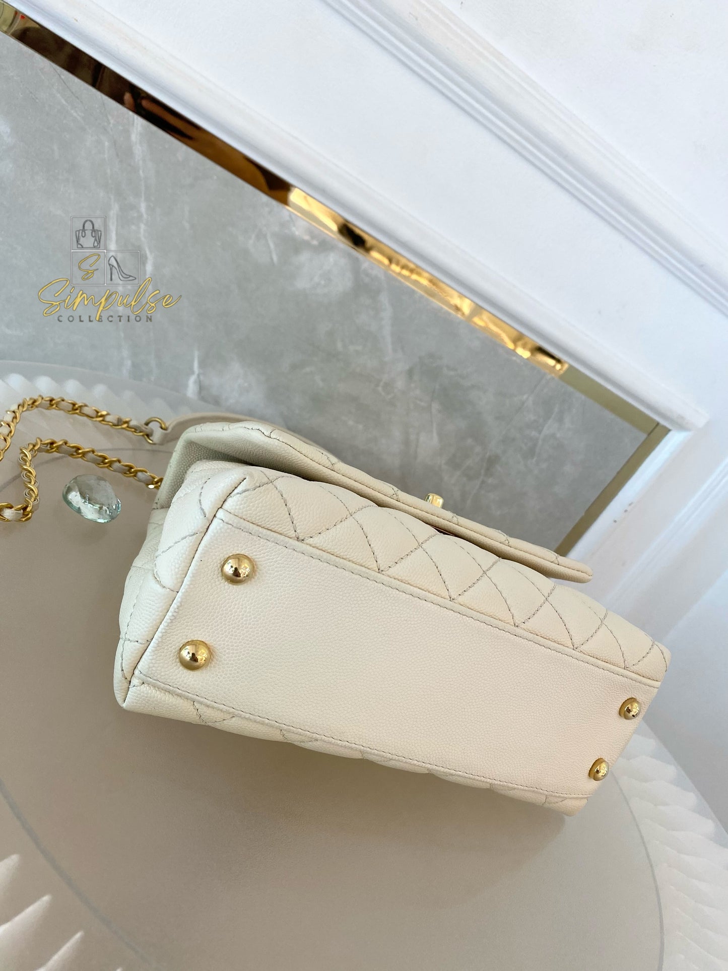 Chanel Coco Off-White Quilted Caviar Lizard Top Handle GHW