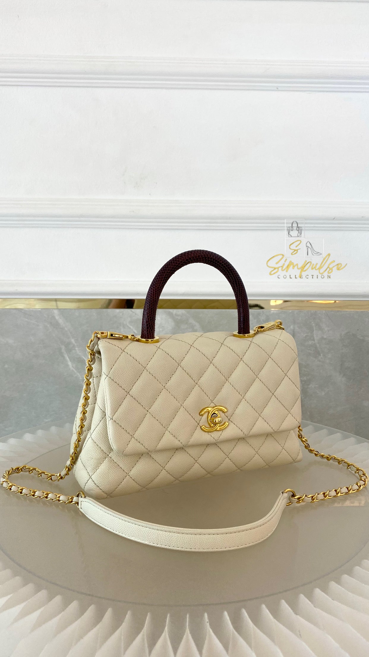 Chanel Coco Off-White Quilted Caviar Lizard Top Handle GHW