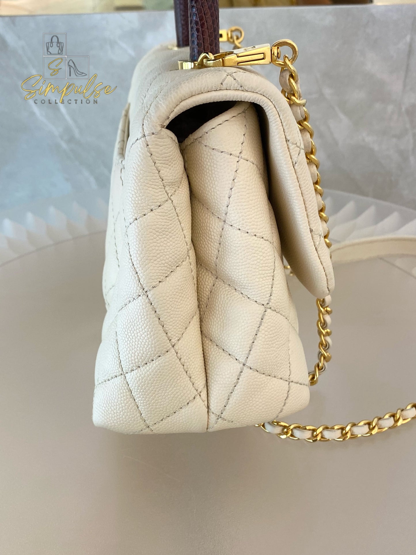 Chanel Coco Off-White Quilted Caviar Lizard Top Handle GHW