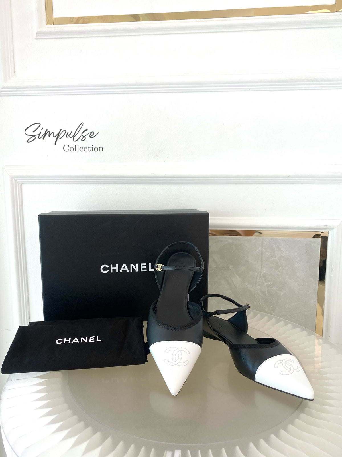 CHANEL Cap-Toe Leather Slingback Pumps Black/White