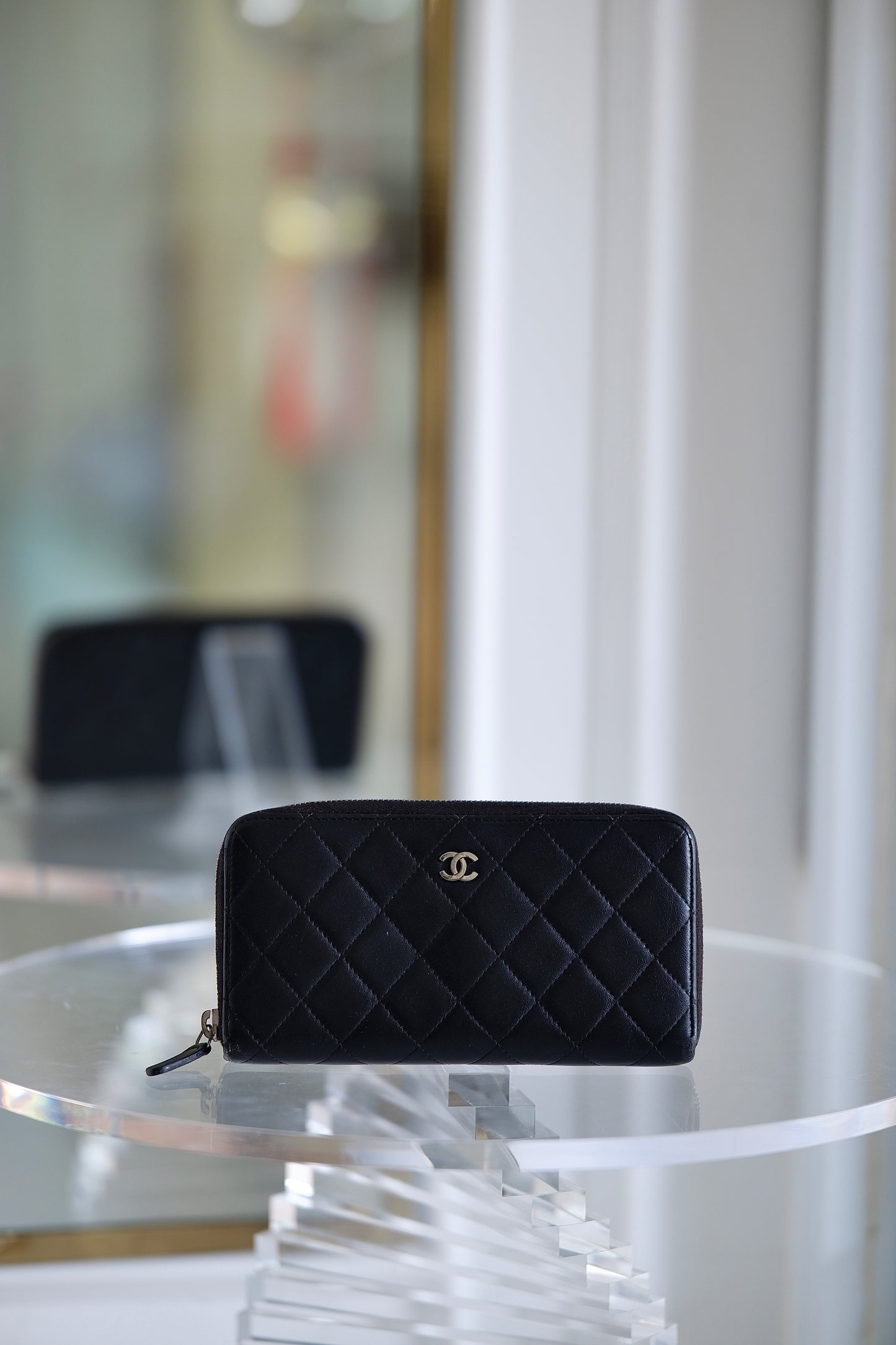 Black Lambskin Long Zippy Wallet