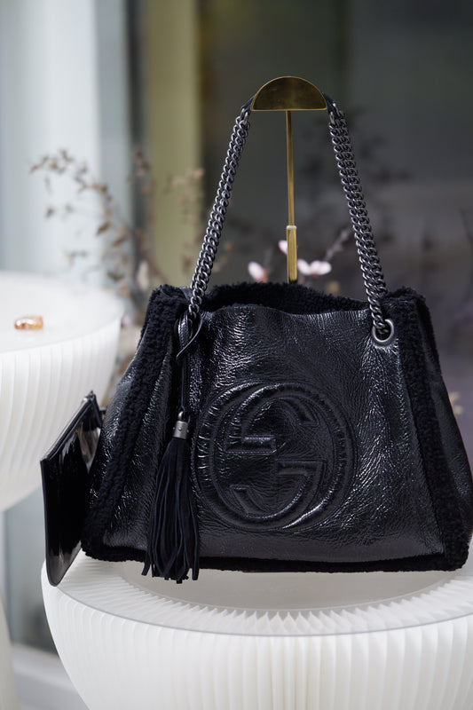 G Black Soho Chain Patent Leather Tote Bag