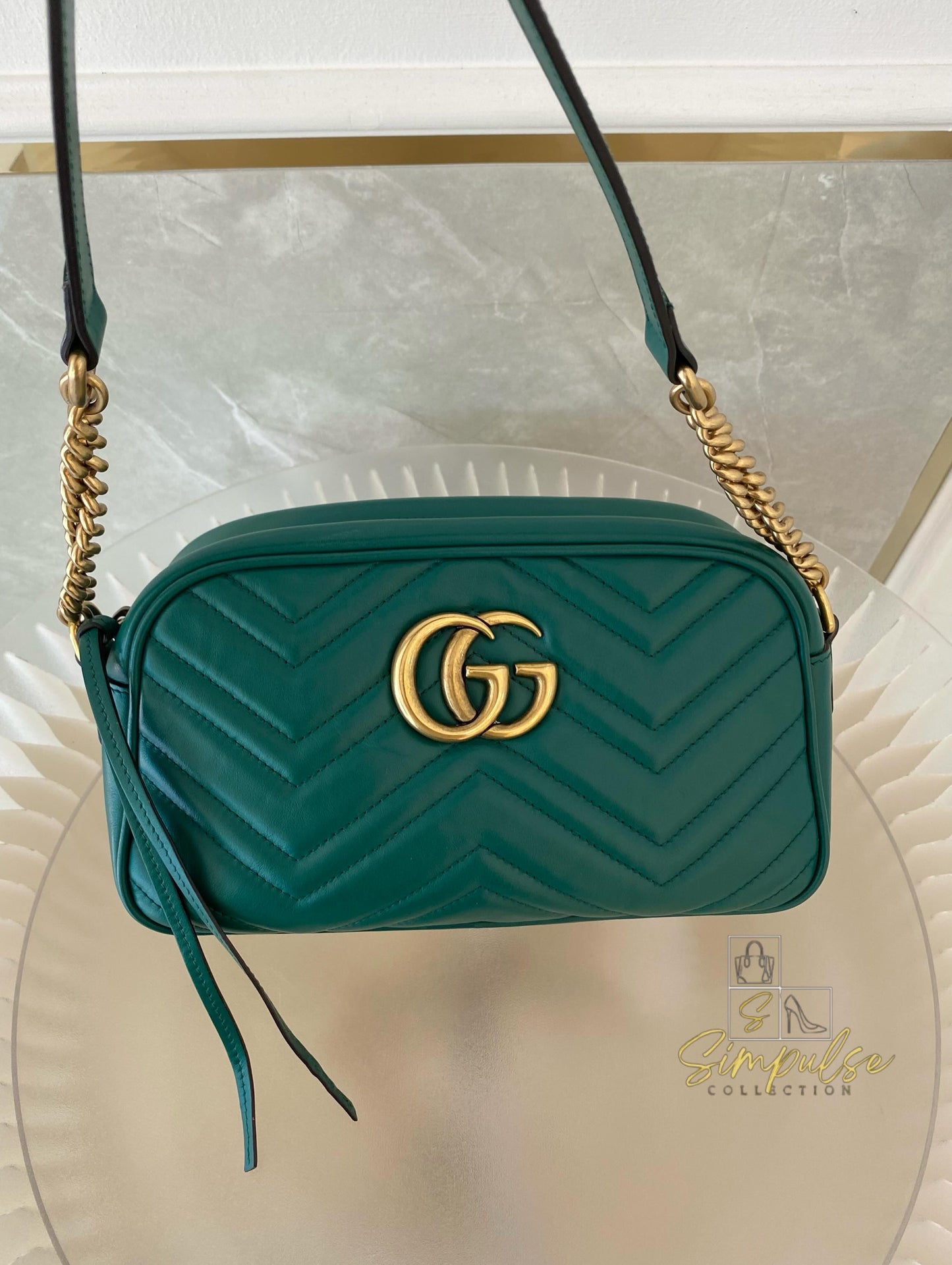 Gucci Marmont Calfskin Matelasse Small Gg Green