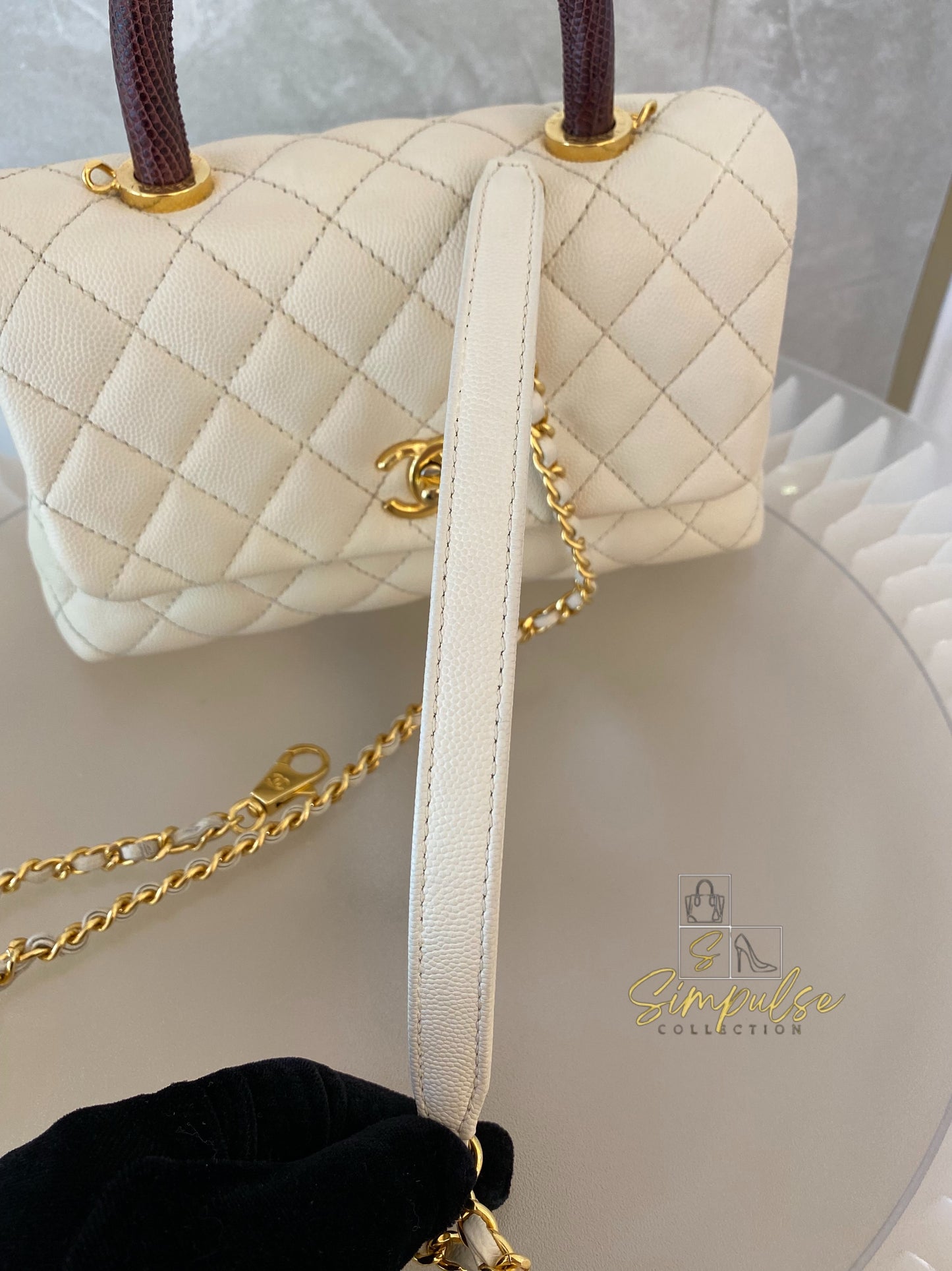 Chanel Coco Off-White Quilted Caviar Lizard Top Handle GHW