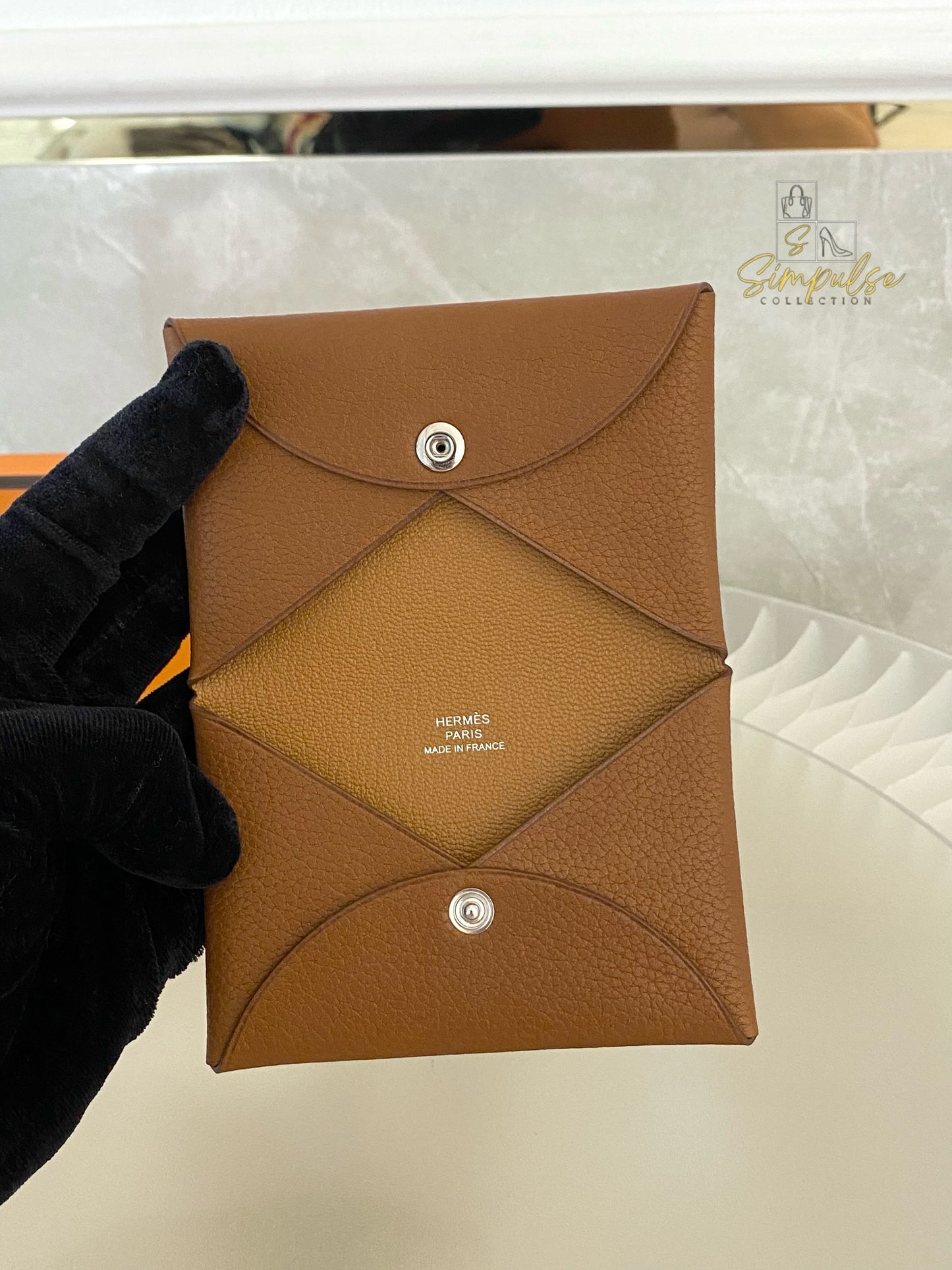 HERMES CALVI CARD HOLDER TAN