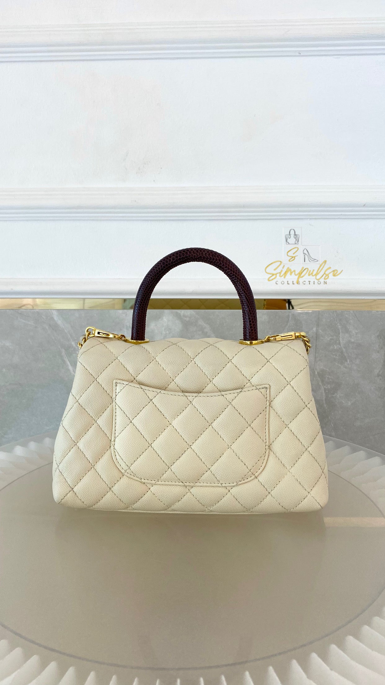Chanel Coco Off-White Quilted Caviar Lizard Top Handle GHW