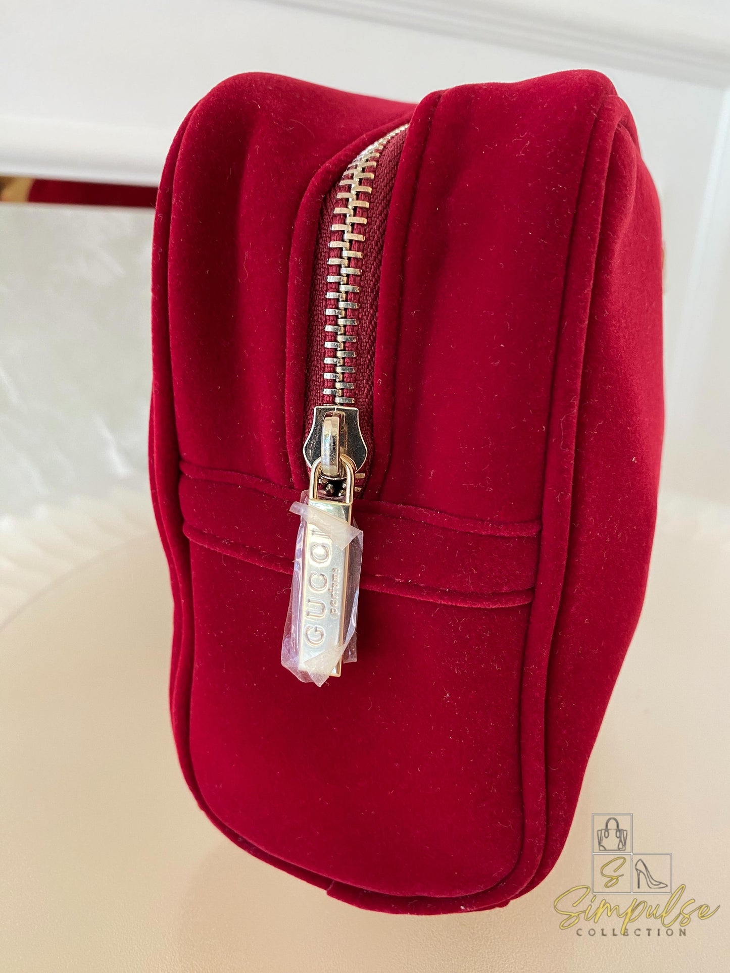 Gucci Red Velvet Cosmetic Pouch w/ Gold G Parfums Plaque