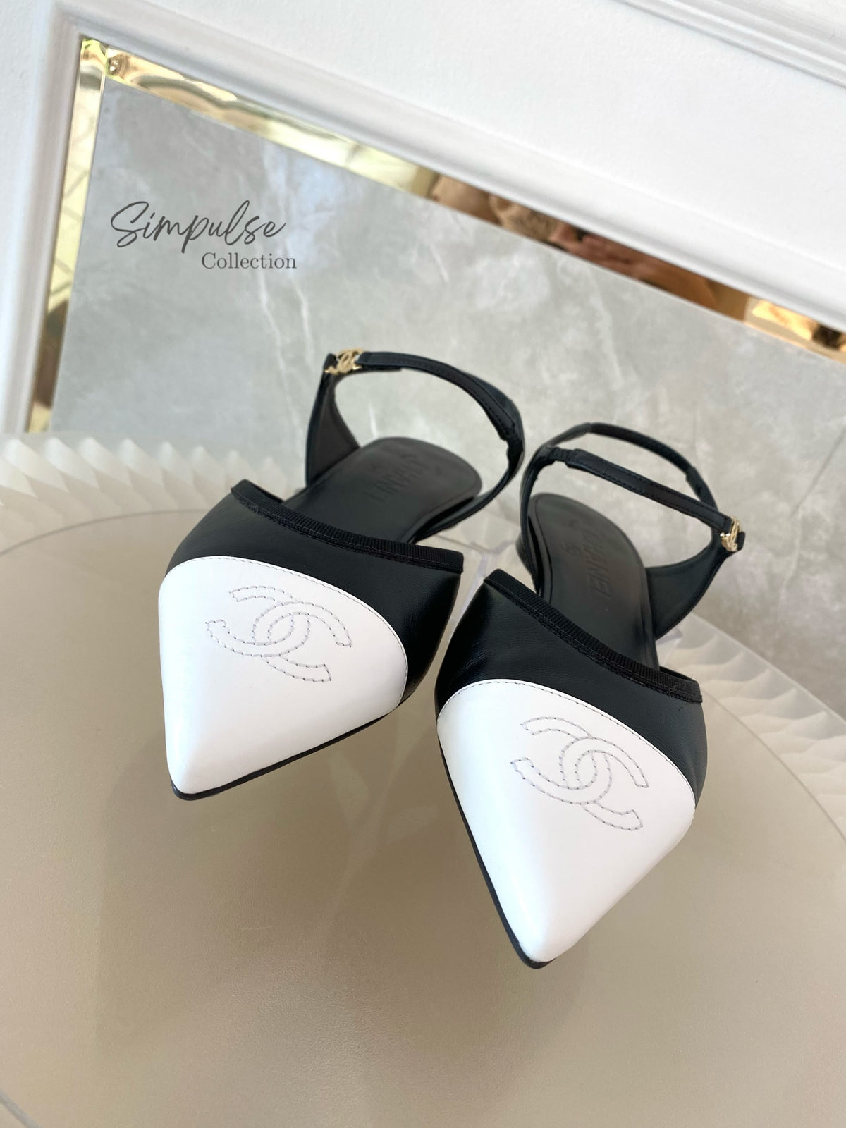CHANEL Cap-Toe Leather Slingback Pumps Black/White