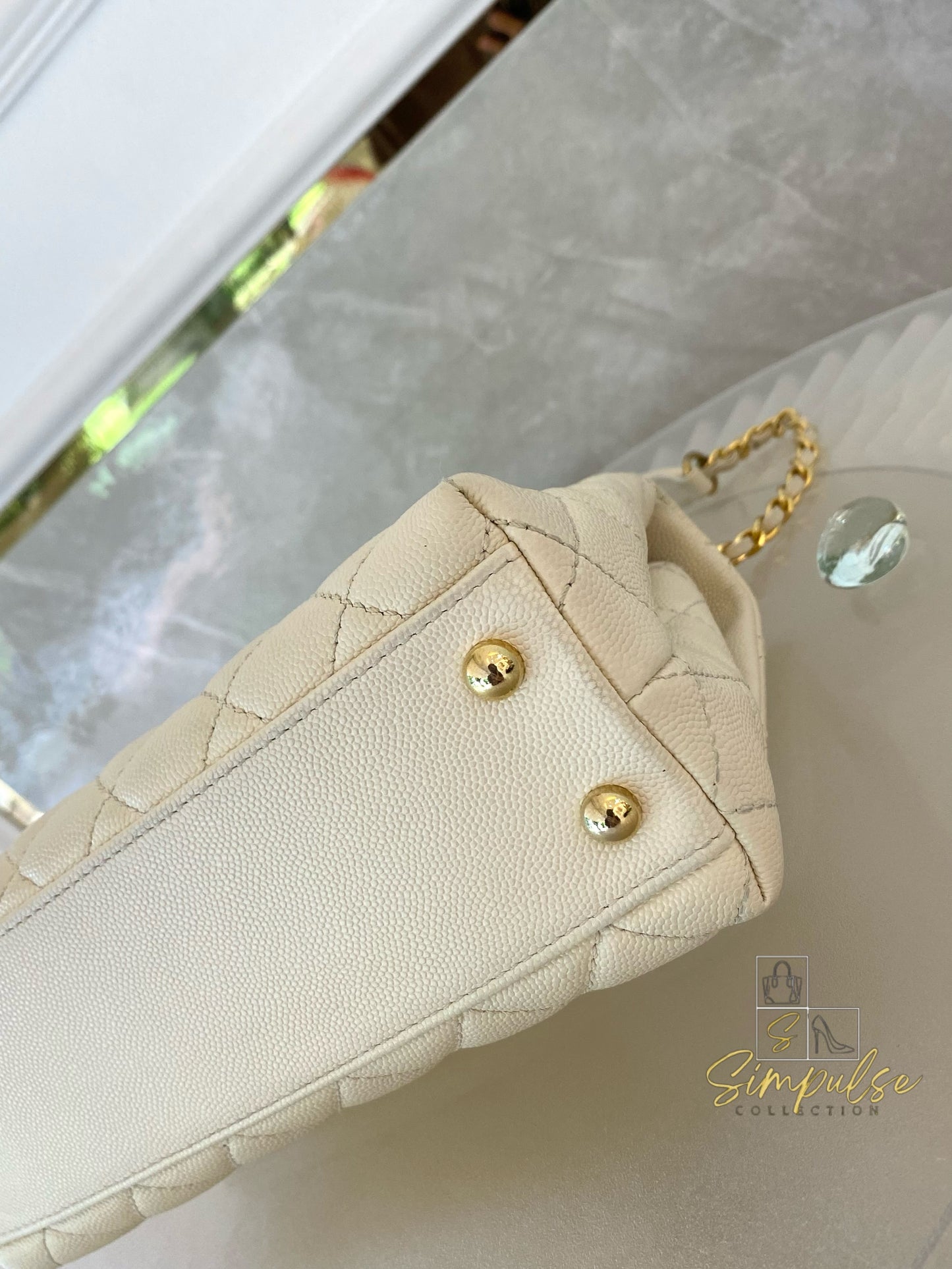 Chanel Coco Off-White Quilted Caviar Lizard Top Handle GHW