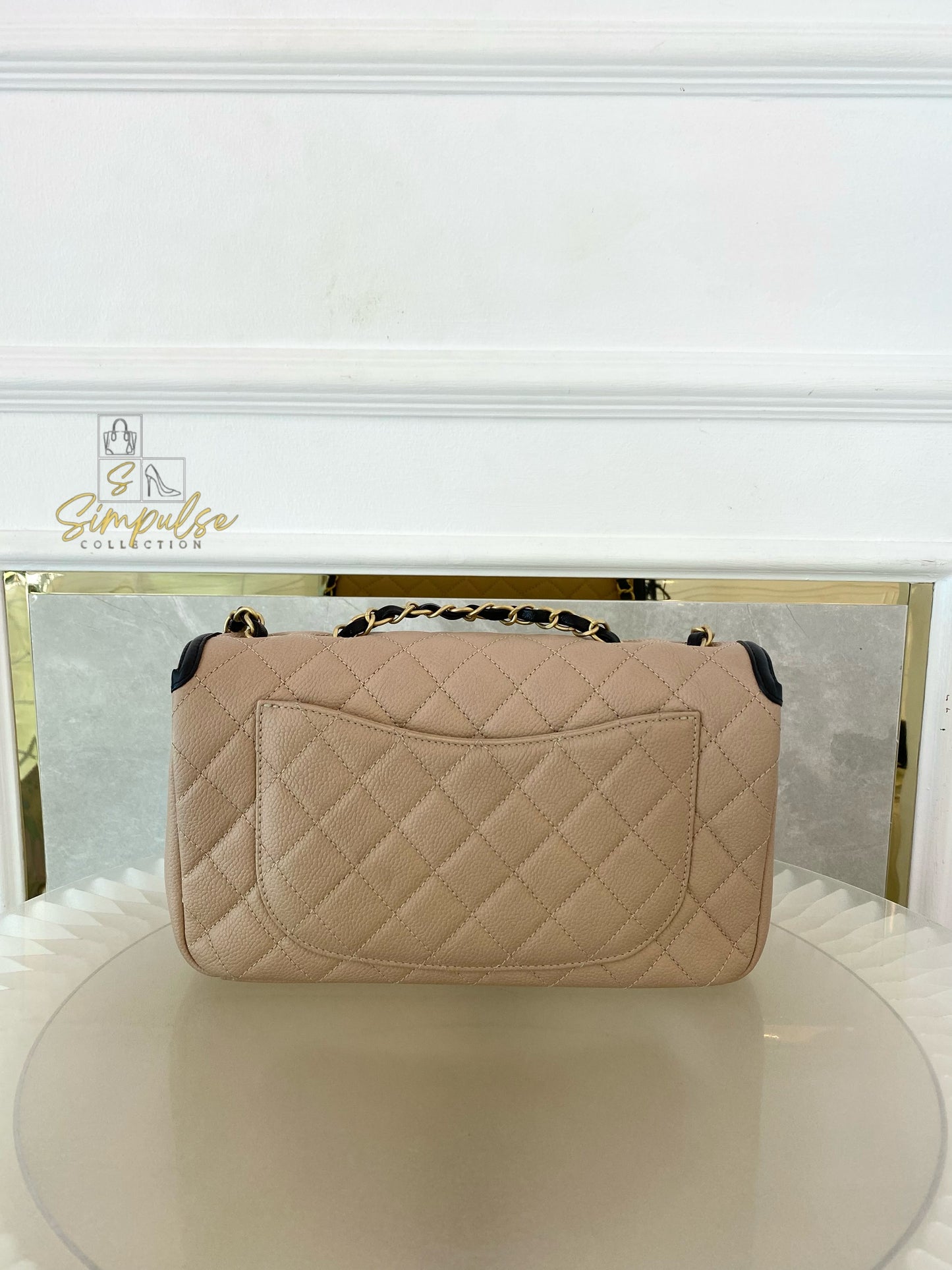 CHANEL BEIGE QUILTED CAVIAR & BLACK LAMBSKIN CC FILIGREE FLAP
