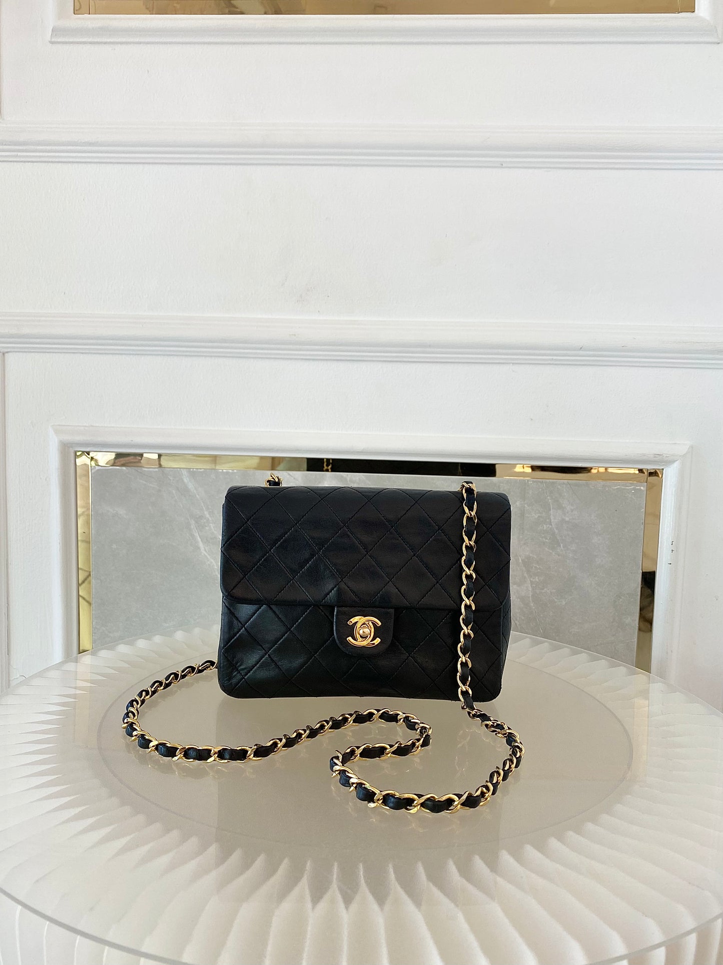 Chanel Vintage Mini Square Flap Lambskin Bag In Black Quilted Lambskin Leather GHW