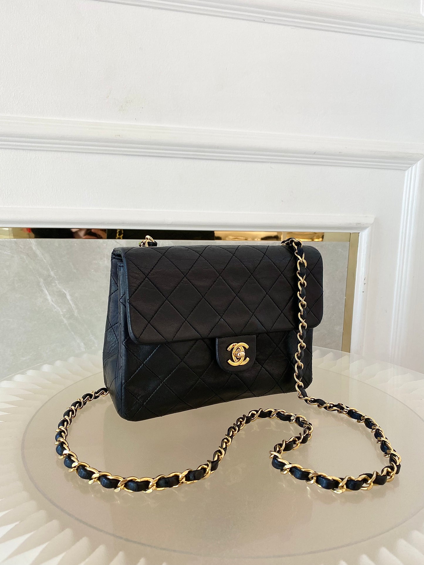 Chanel Vintage Mini Square Flap Lambskin Bag In Black Quilted Lambskin Leather GHW