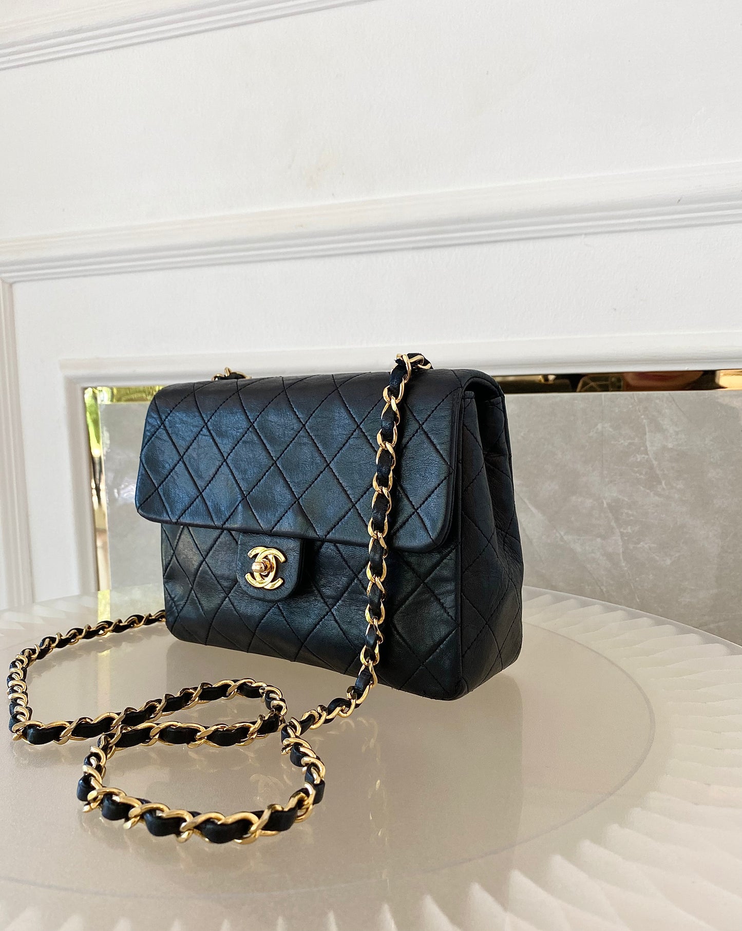 Chanel Vintage Mini Square Flap Lambskin Bag In Black Quilted Lambskin Leather GHW