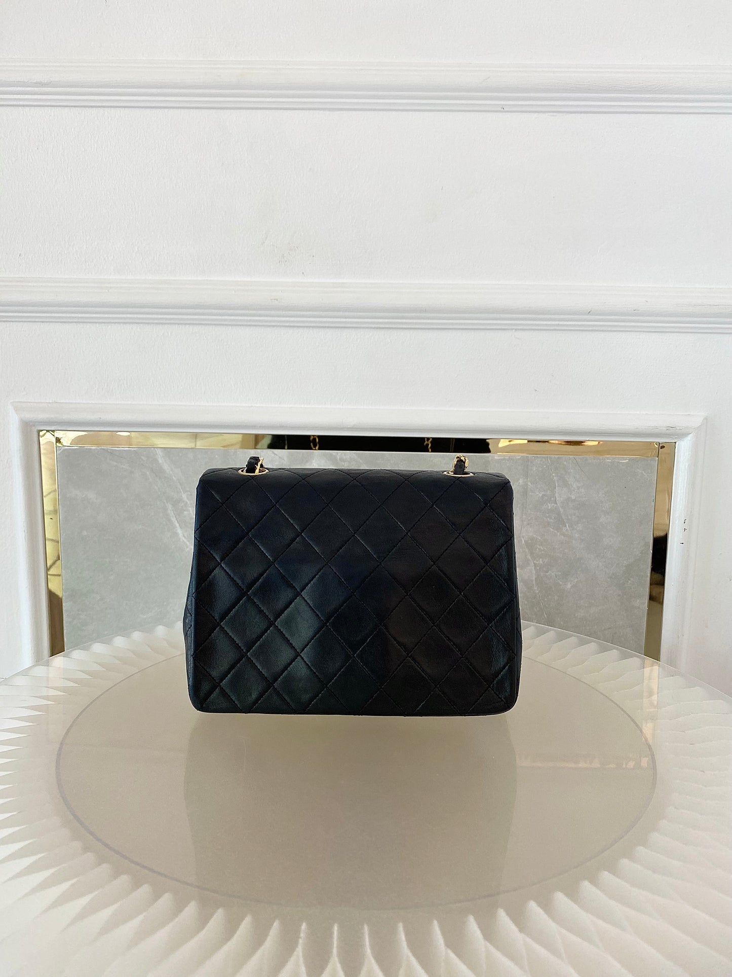 Chanel Vintage Mini Square Flap Lambskin Bag In Black Quilted Lambskin Leather GHW