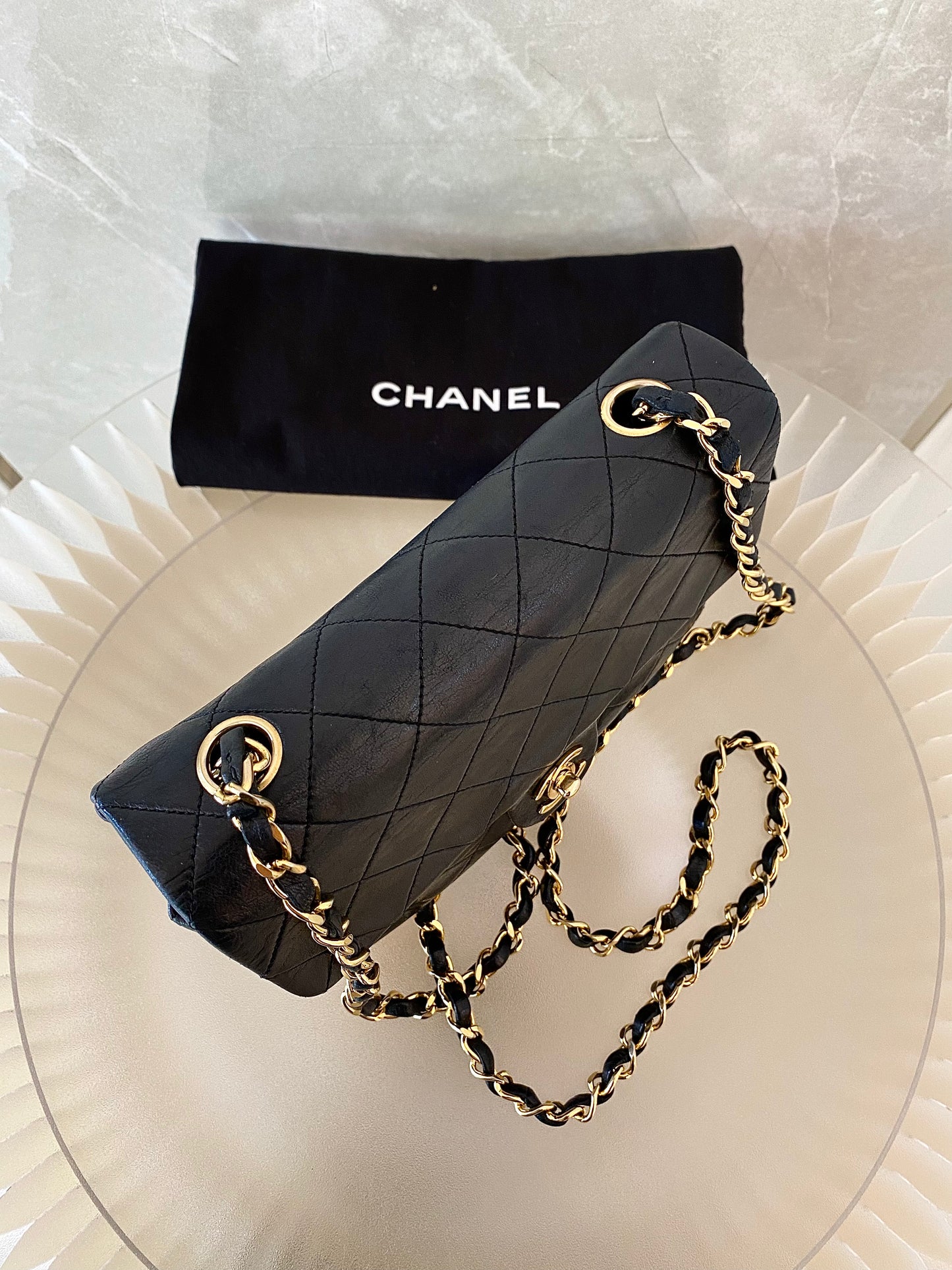 Chanel Vintage Mini Square Flap Lambskin Bag In Black Quilted Lambskin Leather GHW
