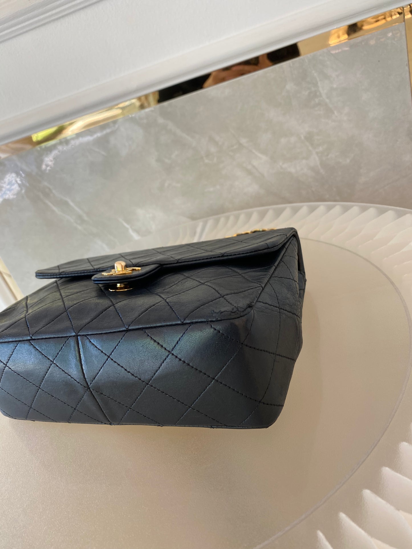 Chanel Vintage Mini Square Flap Lambskin Bag In Black Quilted Lambskin Leather GHW