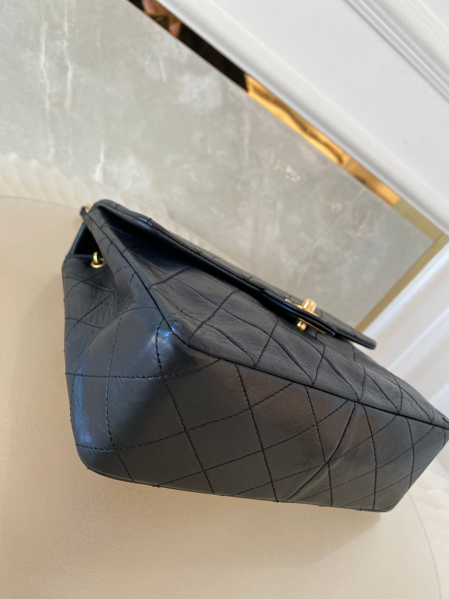 Chanel Vintage Mini Square Flap Lambskin Bag In Black Quilted Lambskin Leather GHW