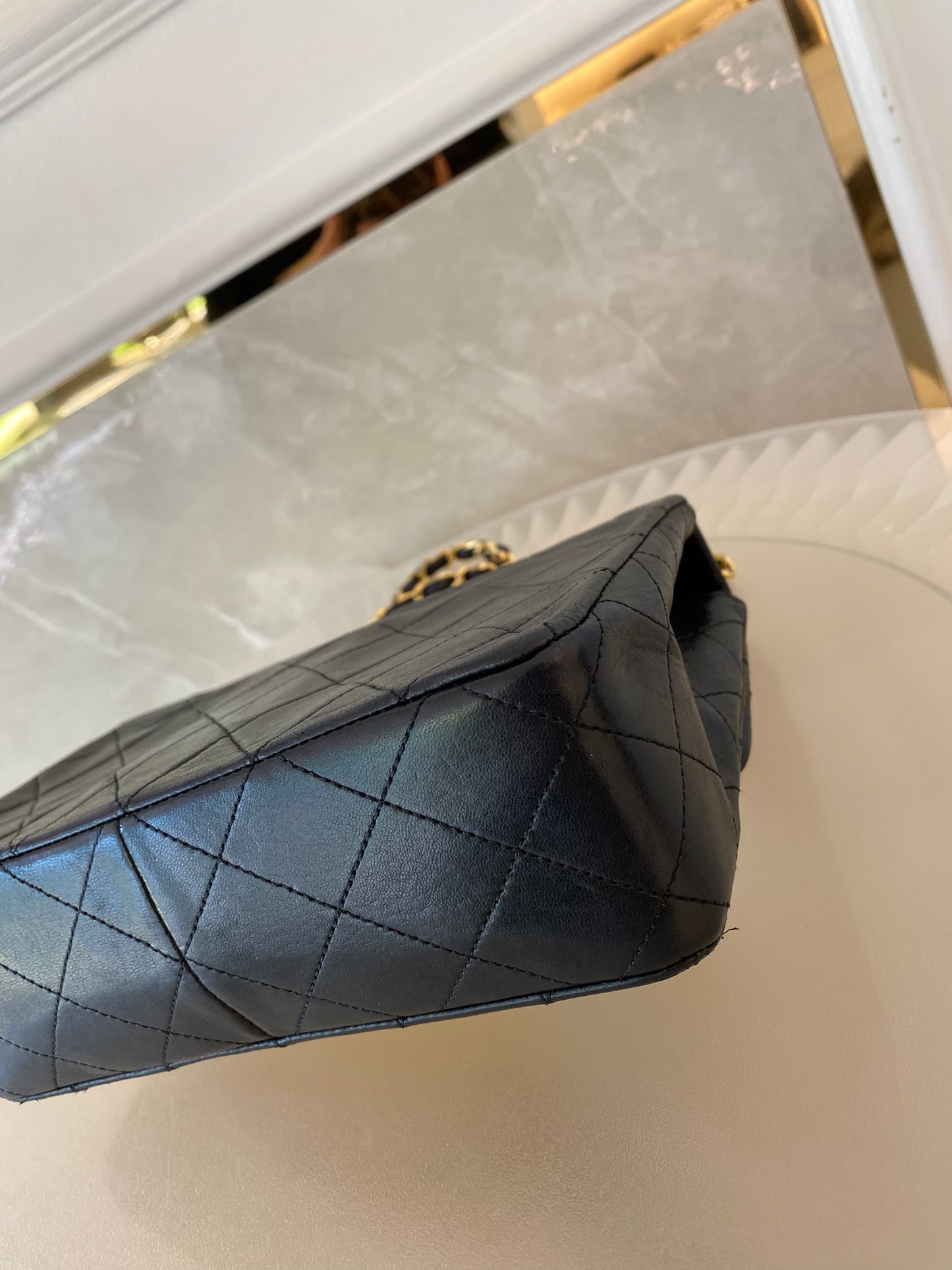 Chanel Vintage Mini Square Flap Lambskin Bag In Black Quilted Lambskin Leather GHW
