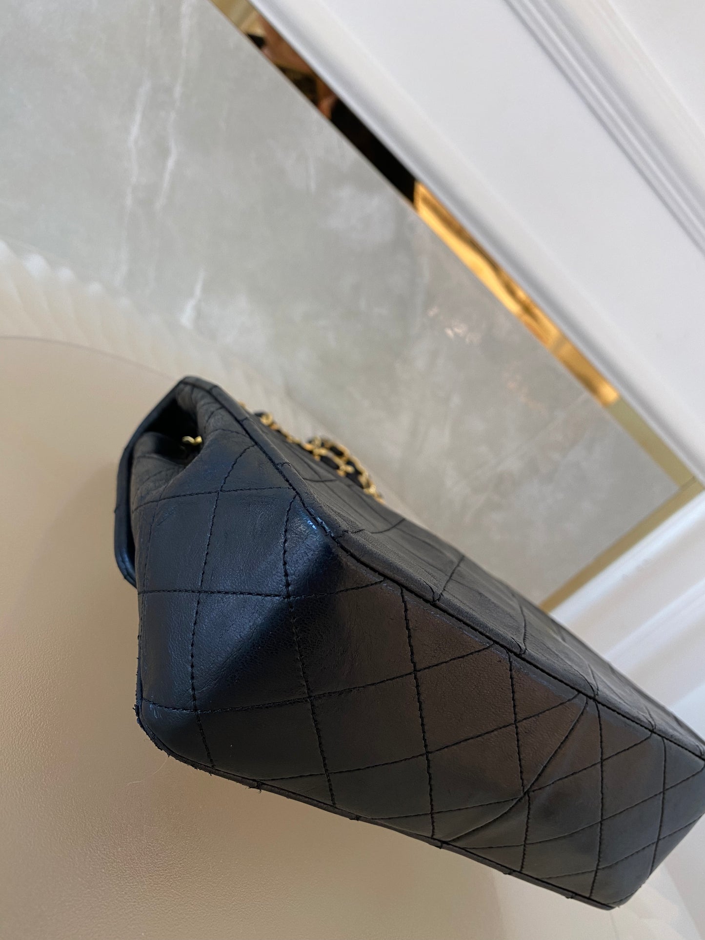 Chanel Vintage Mini Square Flap Lambskin Bag In Black Quilted Lambskin Leather GHW