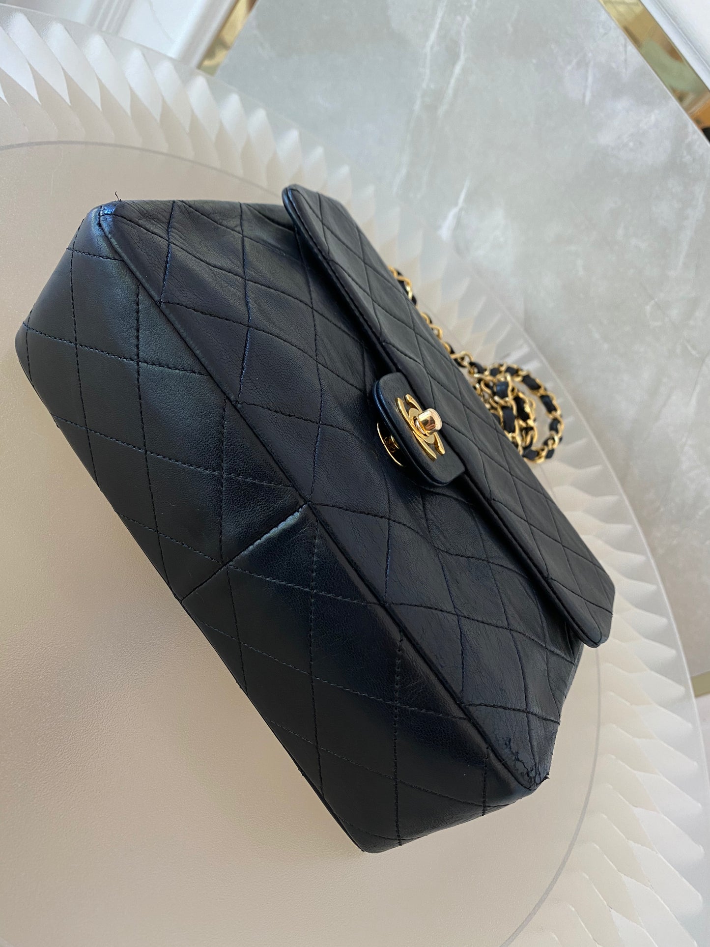 Chanel Vintage Mini Square Flap Lambskin Bag In Black Quilted Lambskin Leather GHW