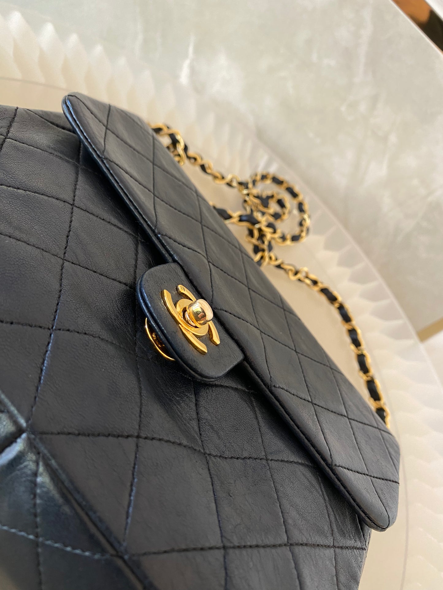Chanel Vintage Mini Square Flap Lambskin Bag In Black Quilted Lambskin Leather GHW