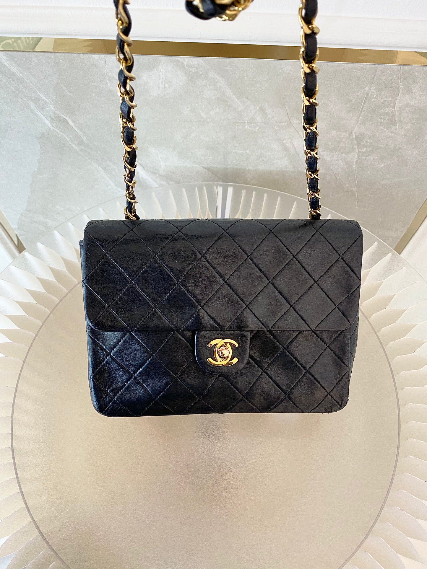 Chanel Vintage Mini Square Flap Lambskin Bag In Black Quilted Lambskin Leather GHW