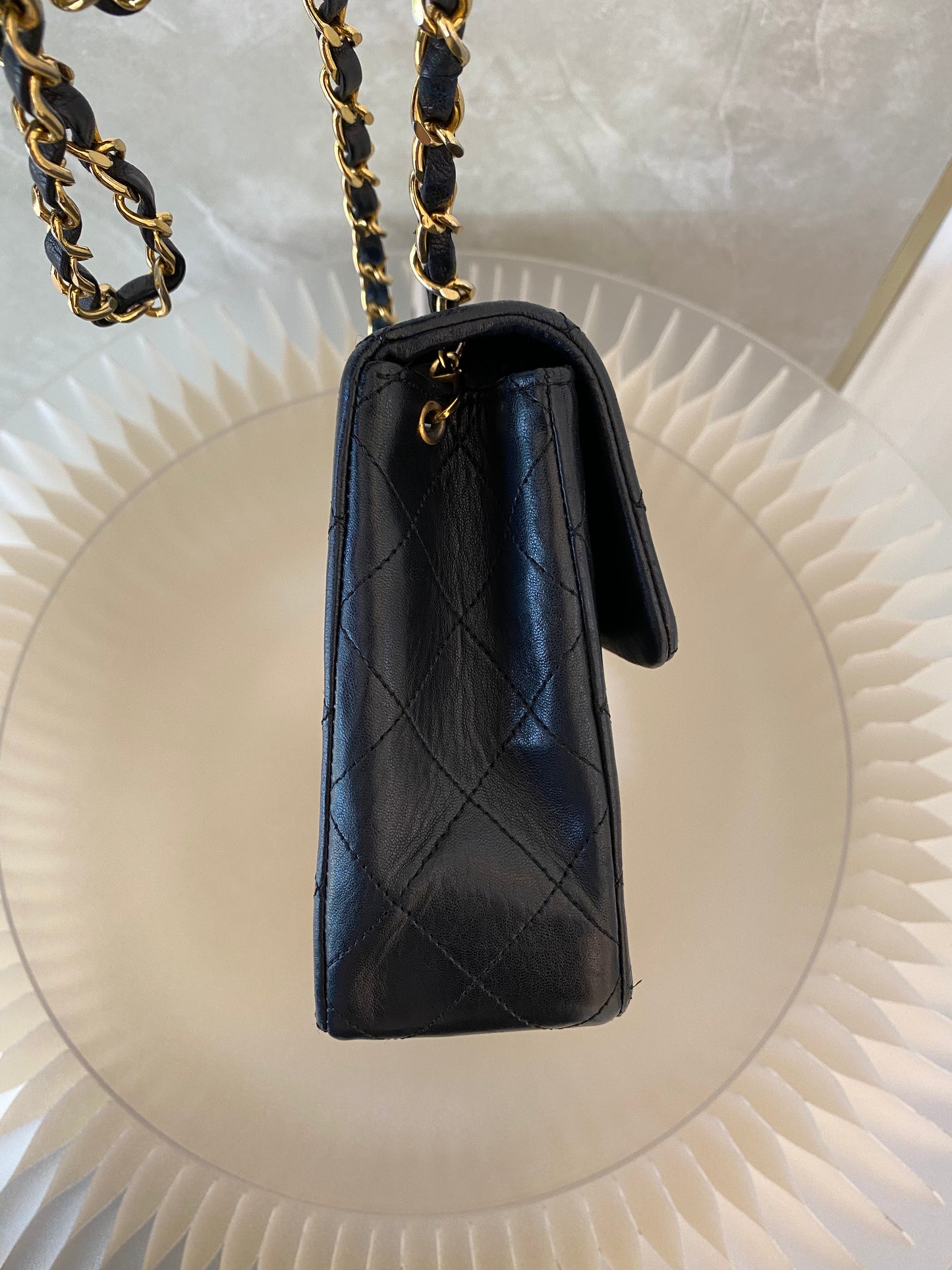 Chanel Vintage Mini Square Flap Lambskin Bag In Black Quilted Lambskin Leather GHW