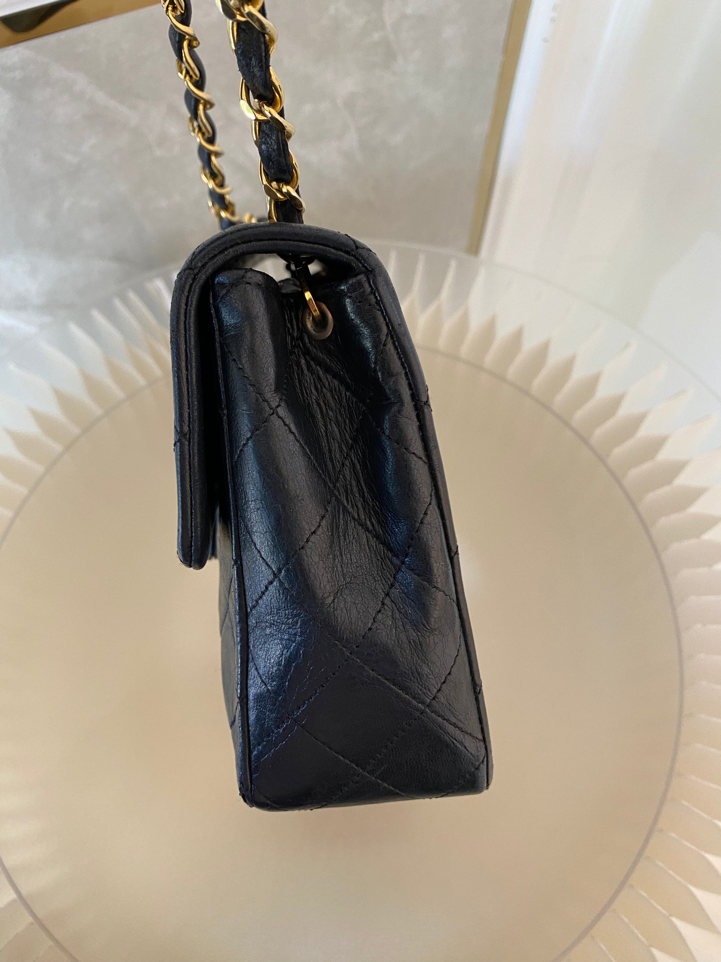Chanel Vintage Mini Square Flap Lambskin Bag In Black Quilted Lambskin Leather GHW