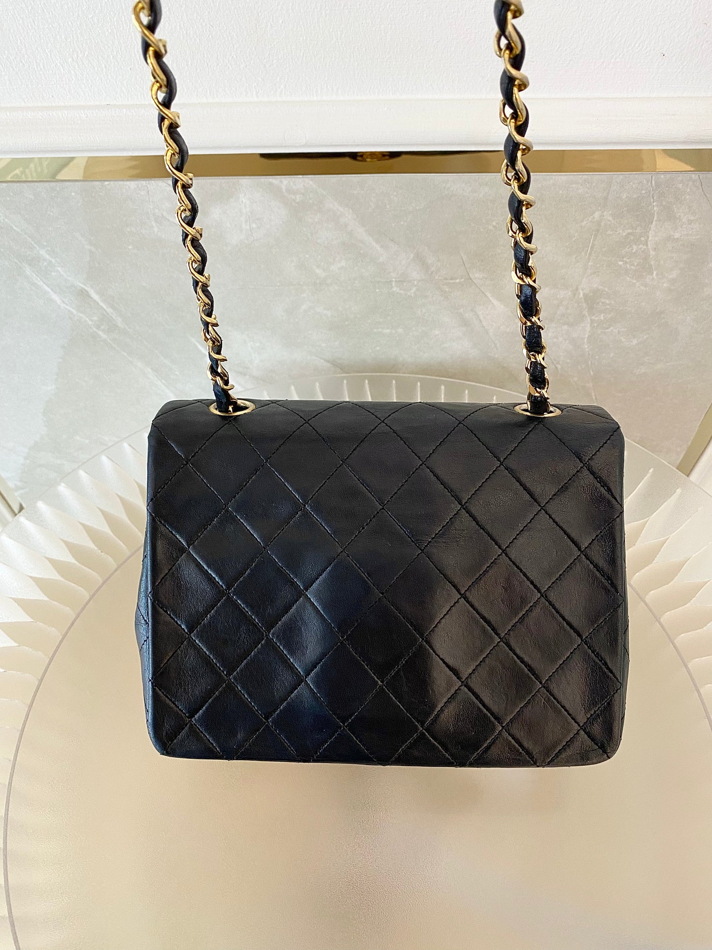 Chanel Vintage Mini Square Flap Lambskin Bag In Black Quilted Lambskin Leather GHW