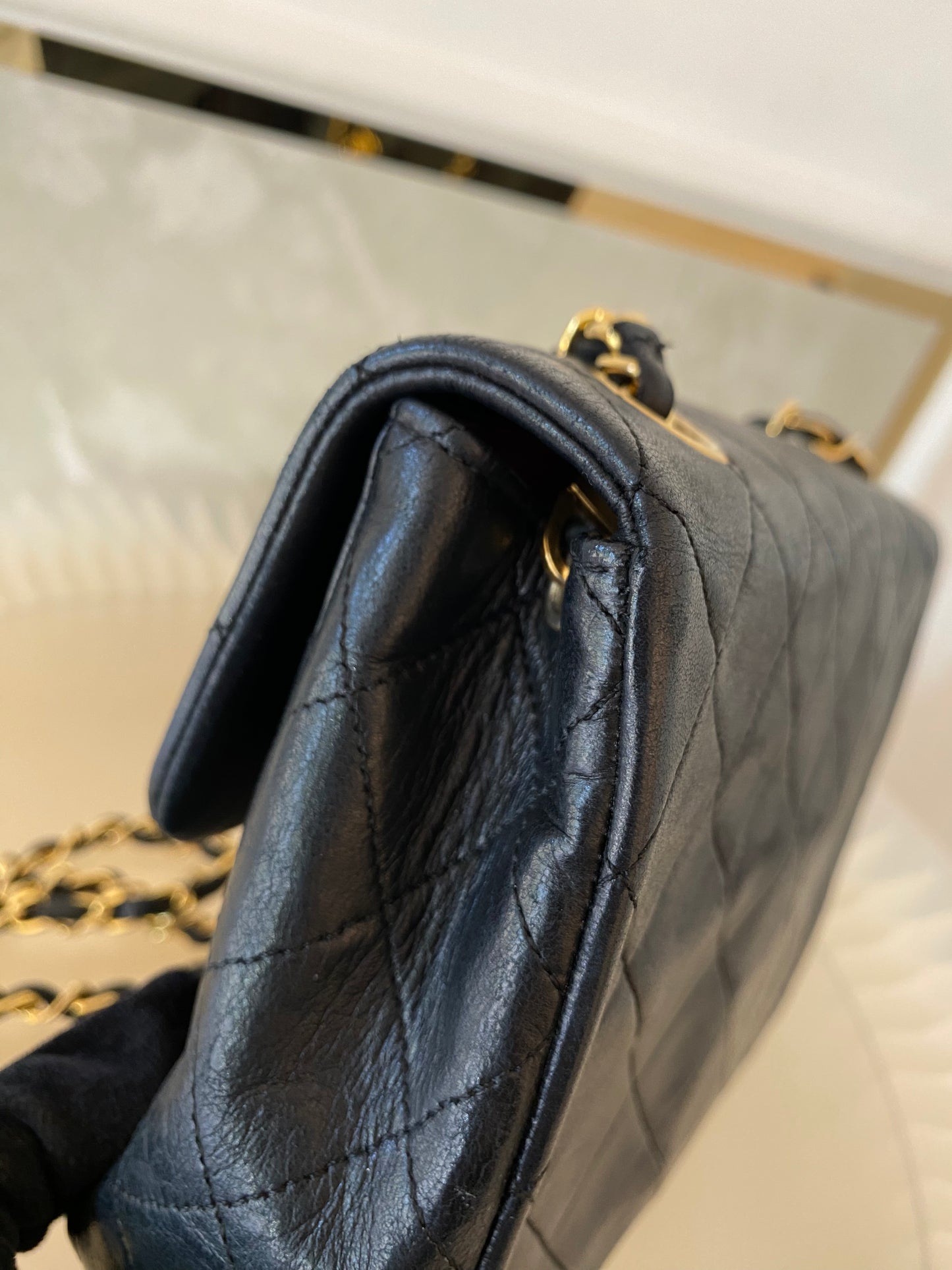 Chanel Vintage Mini Square Flap Lambskin Bag In Black Quilted Lambskin Leather GHW