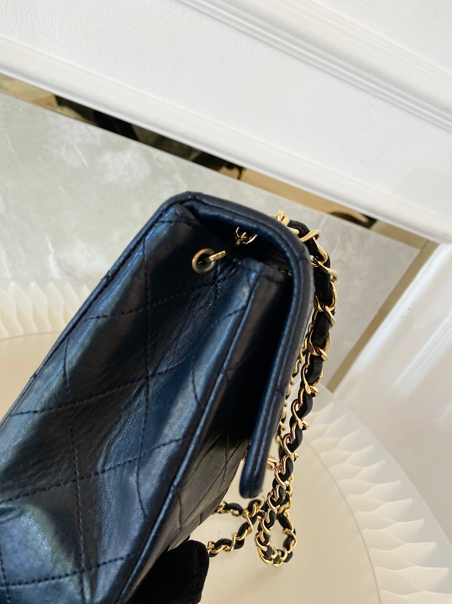 Chanel Vintage Mini Square Flap Lambskin Bag In Black Quilted Lambskin Leather GHW
