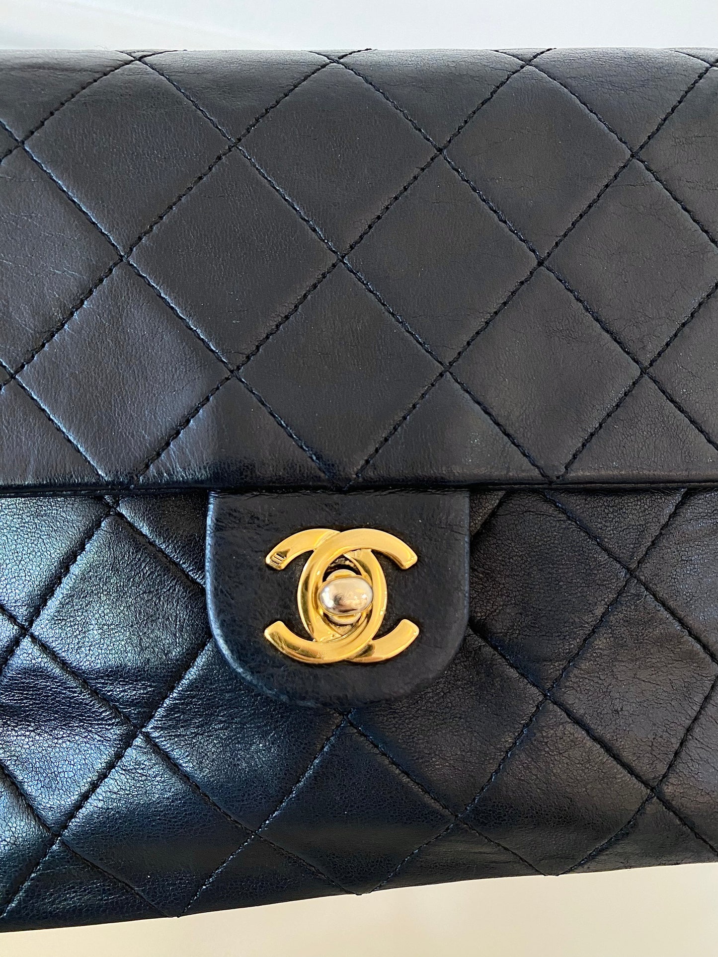 Chanel Vintage Mini Square Flap Lambskin Bag In Black Quilted Lambskin Leather GHW