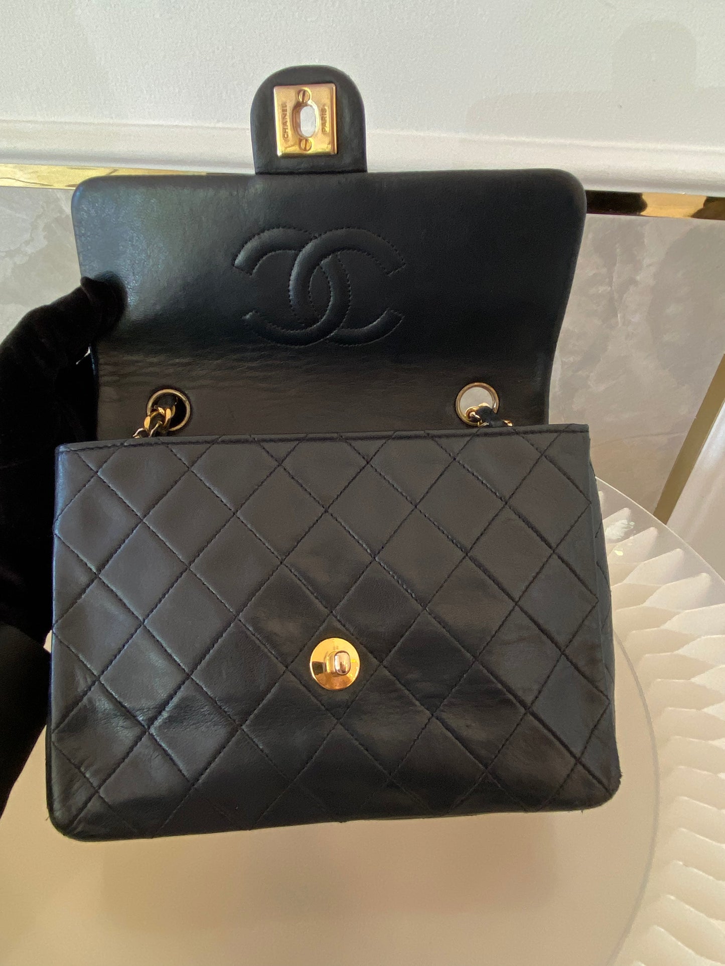 Chanel Vintage Mini Square Flap Lambskin Bag In Black Quilted Lambskin Leather GHW