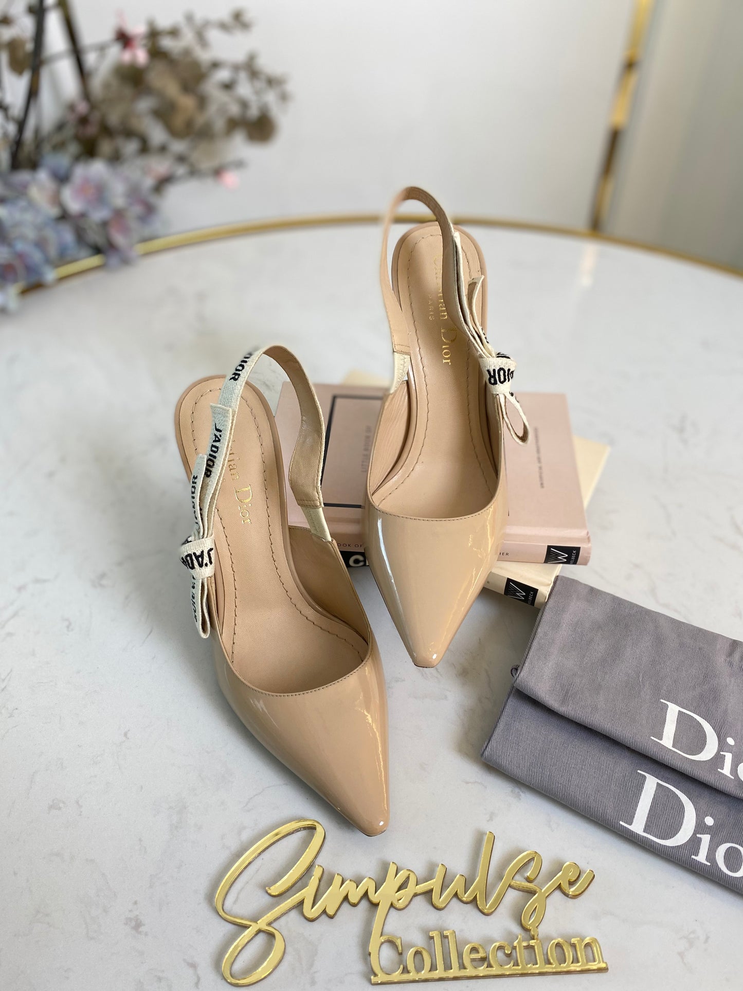 J’Adior Nude Beige Patent Slingback Pumps