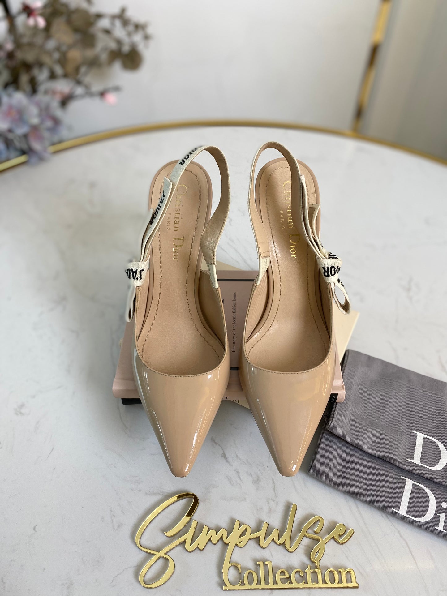 J’Adior Nude Beige Patent Slingback Pumps