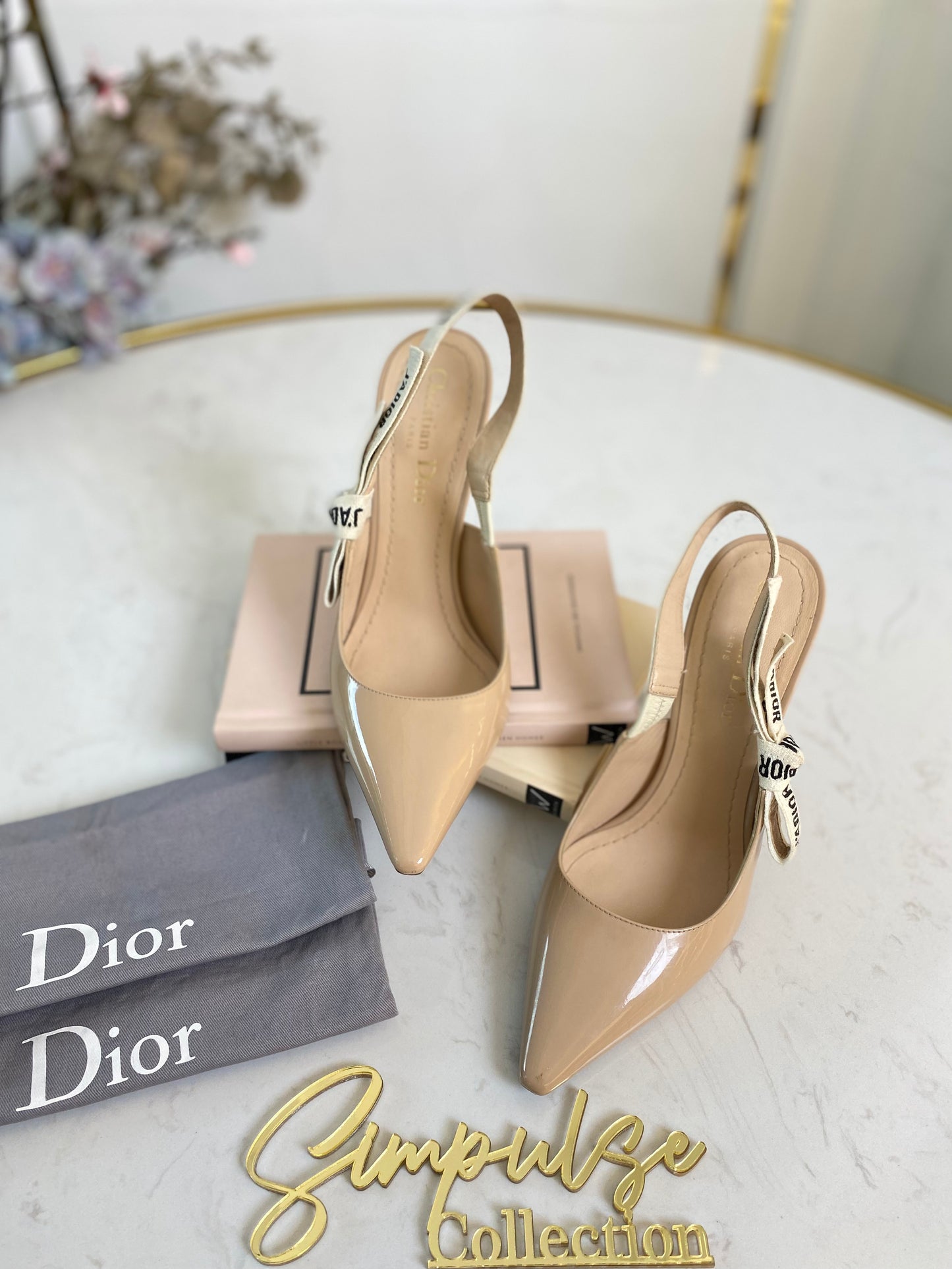 J’Adior Nude Beige Patent Slingback Pumps