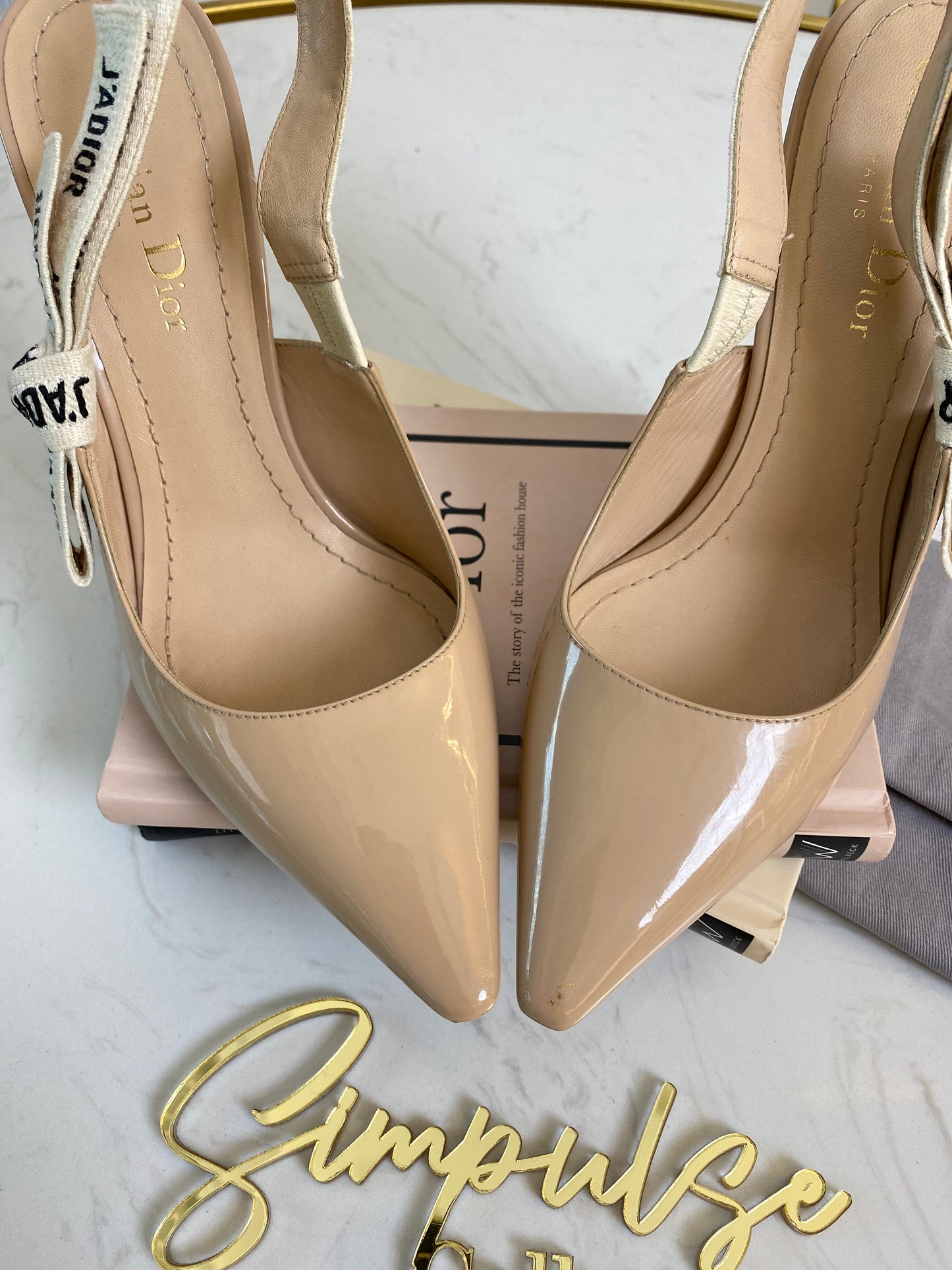 J’Adior Nude Beige Patent Slingback Pumps