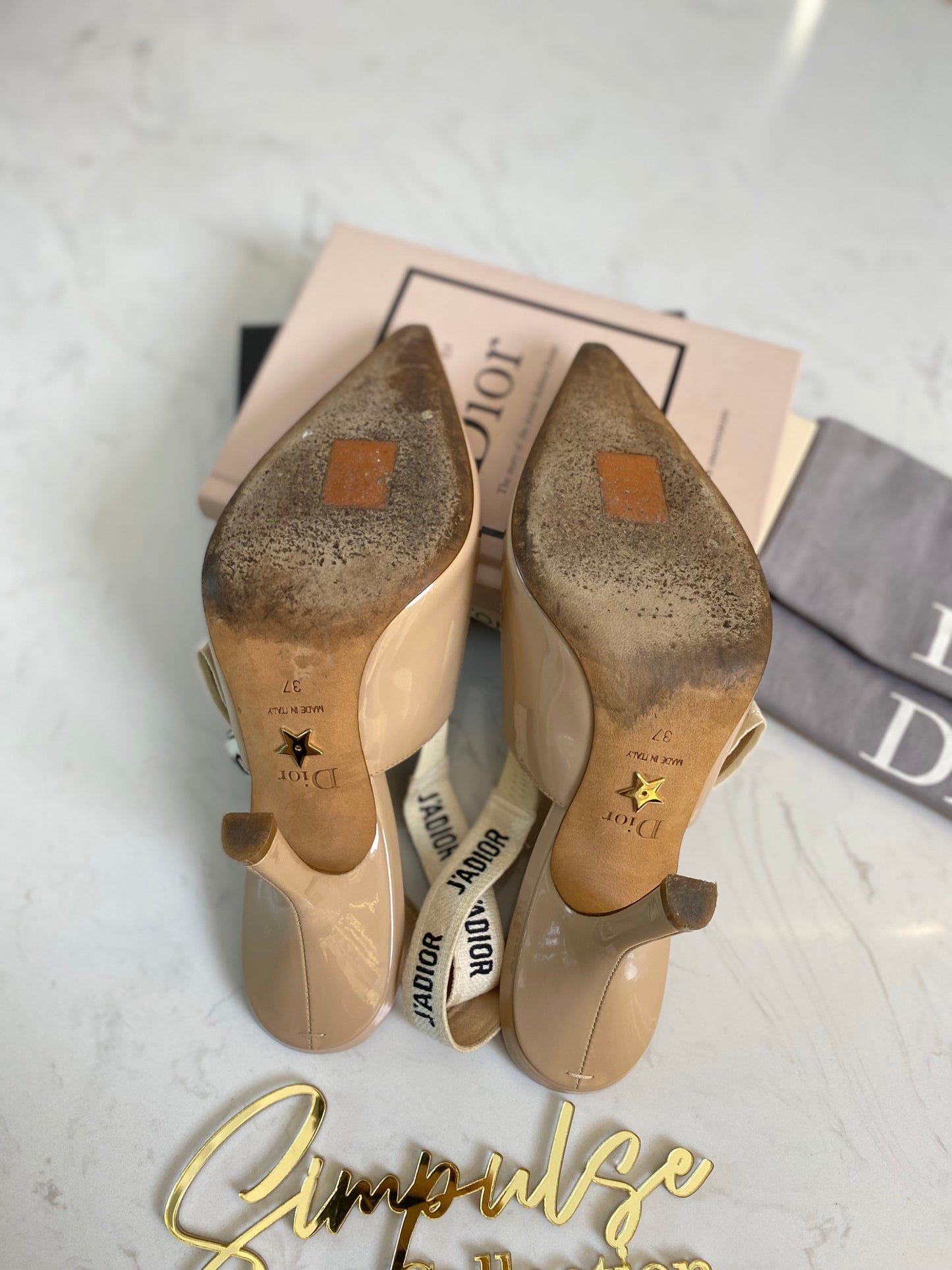 J’Adior Nude Beige Patent Slingback Pumps