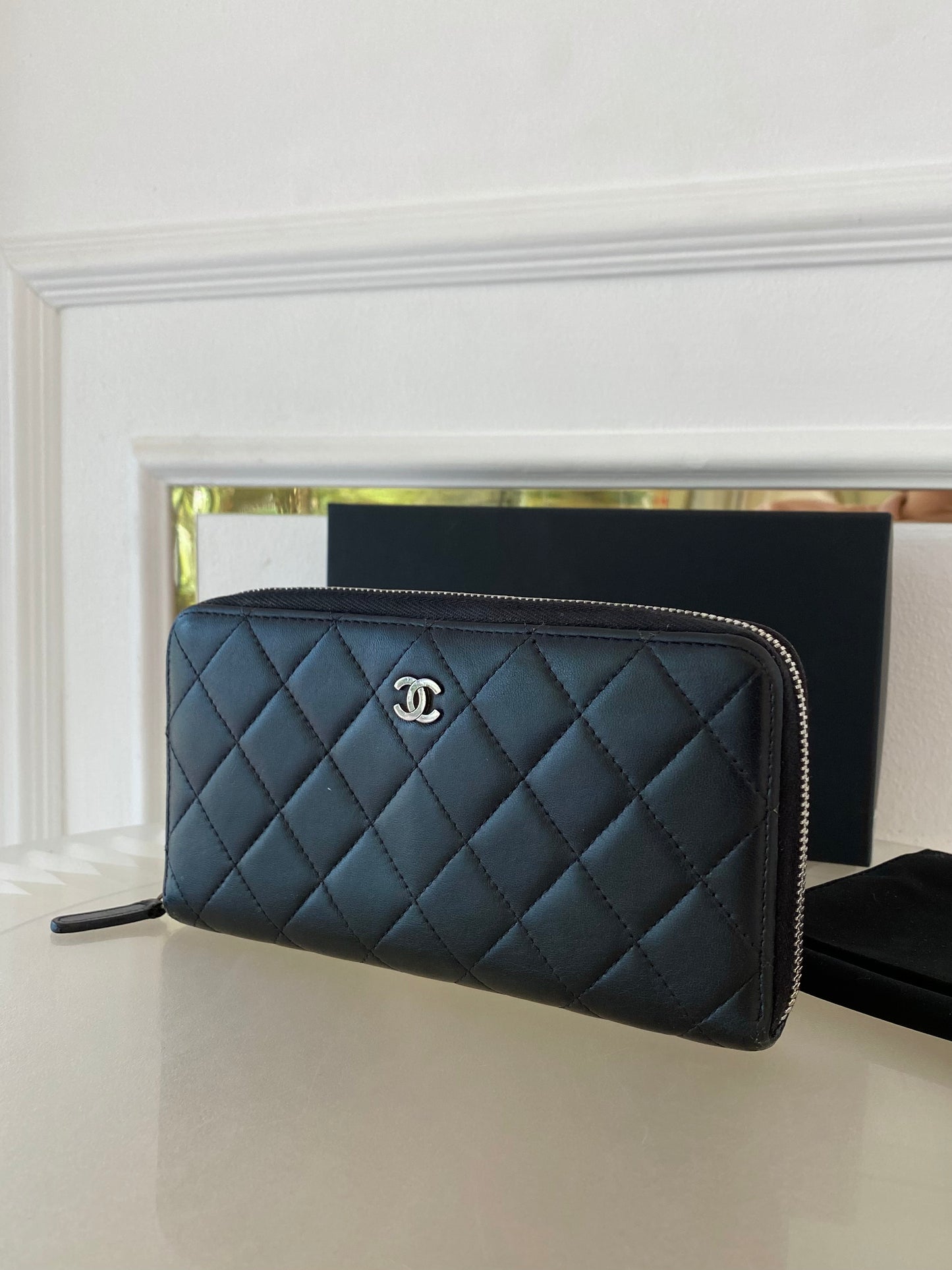 Black Lambskin Long Zippy Wallet