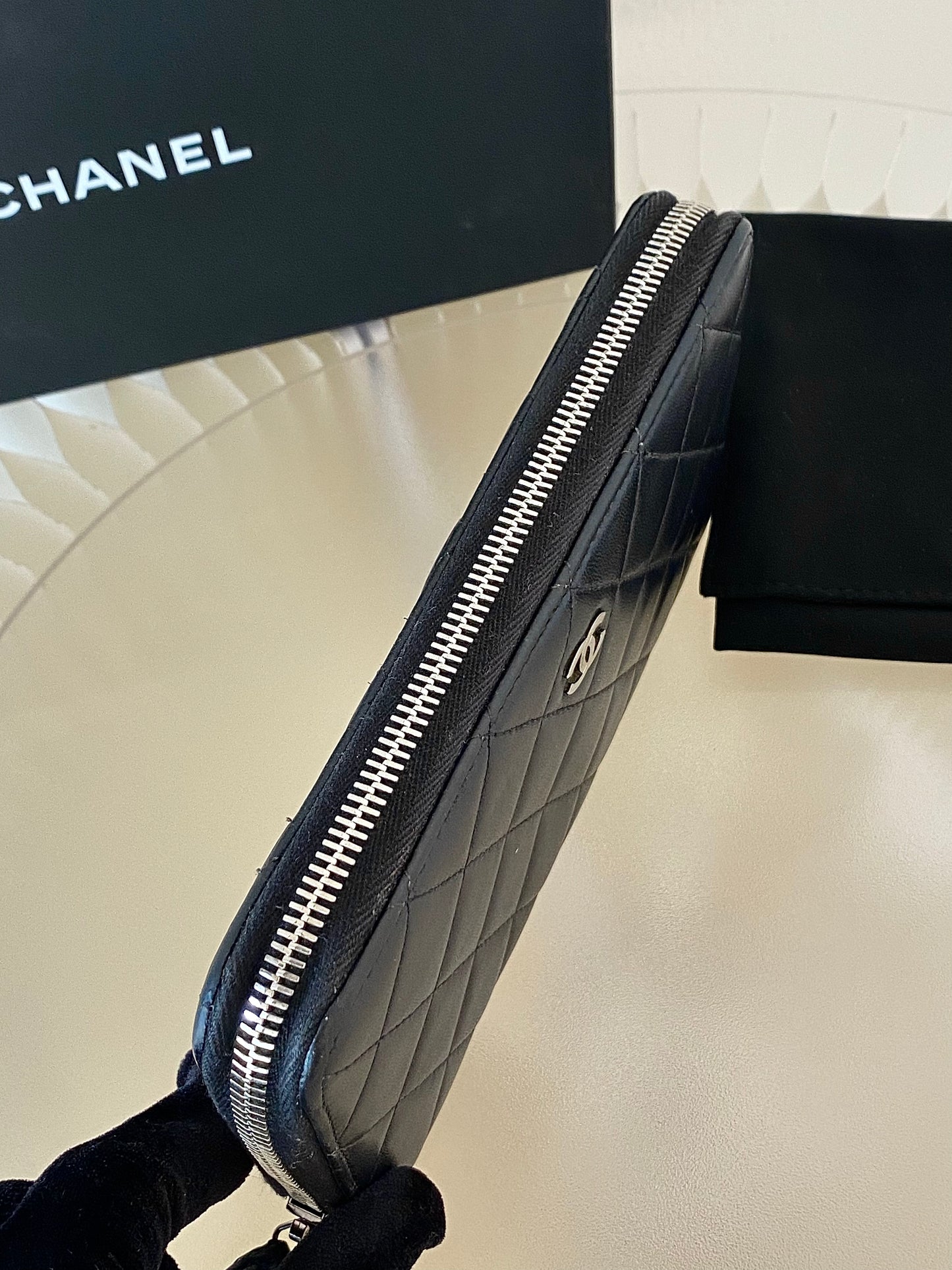 Black Lambskin Long Zippy Wallet