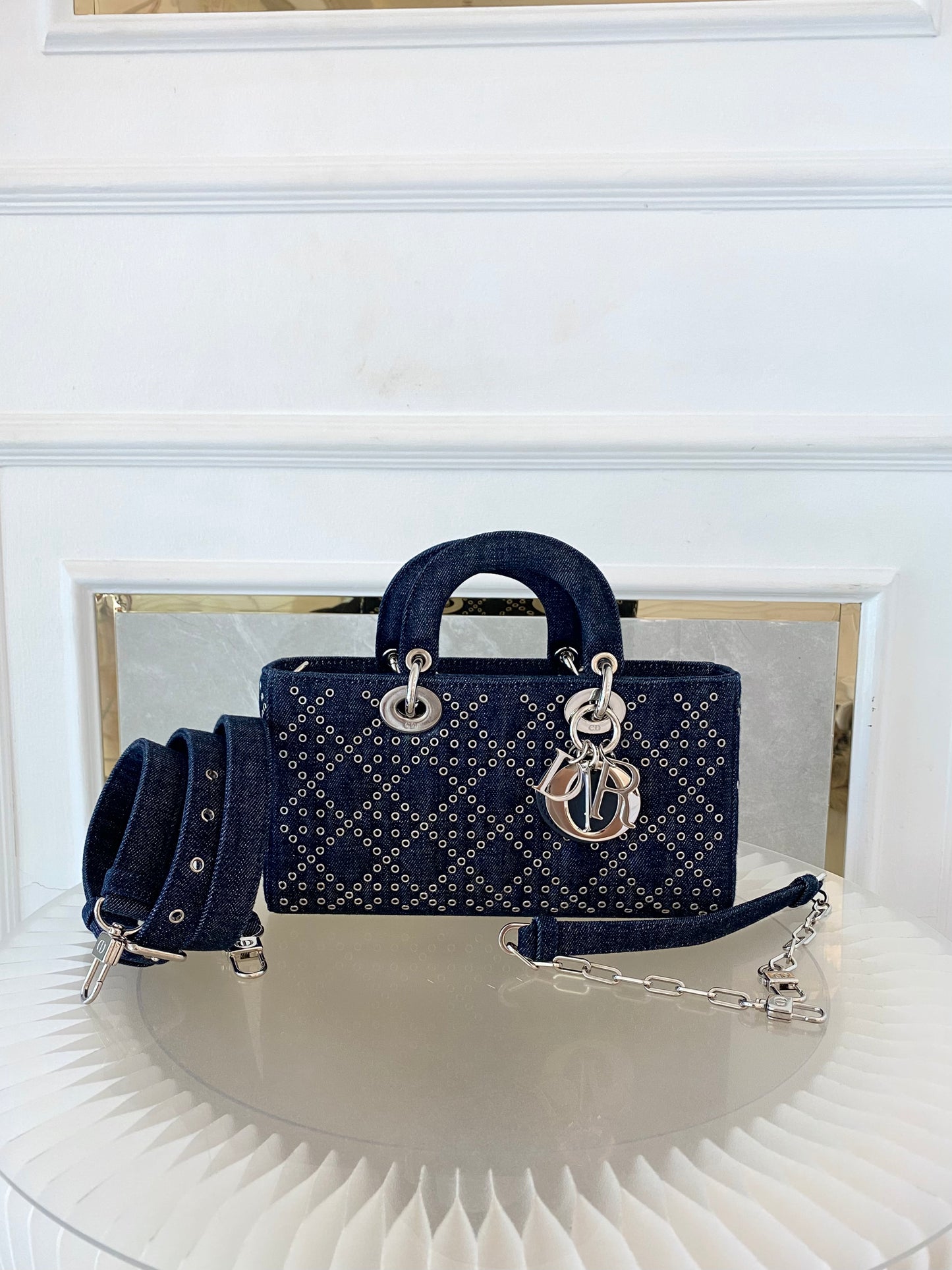 Dior Medium Lady D-Joy Bag In Navy Blue Denim w/ Metallic Eyelets