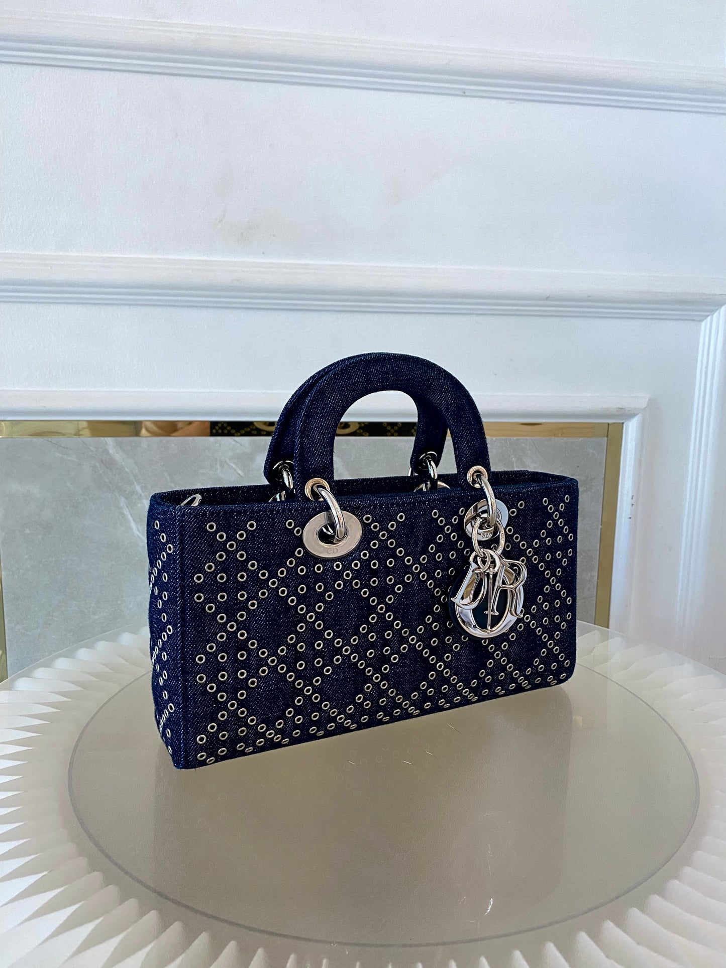 Dior Medium Lady D-Joy Bag In Navy Blue Denim w/ Metallic Eyelets
