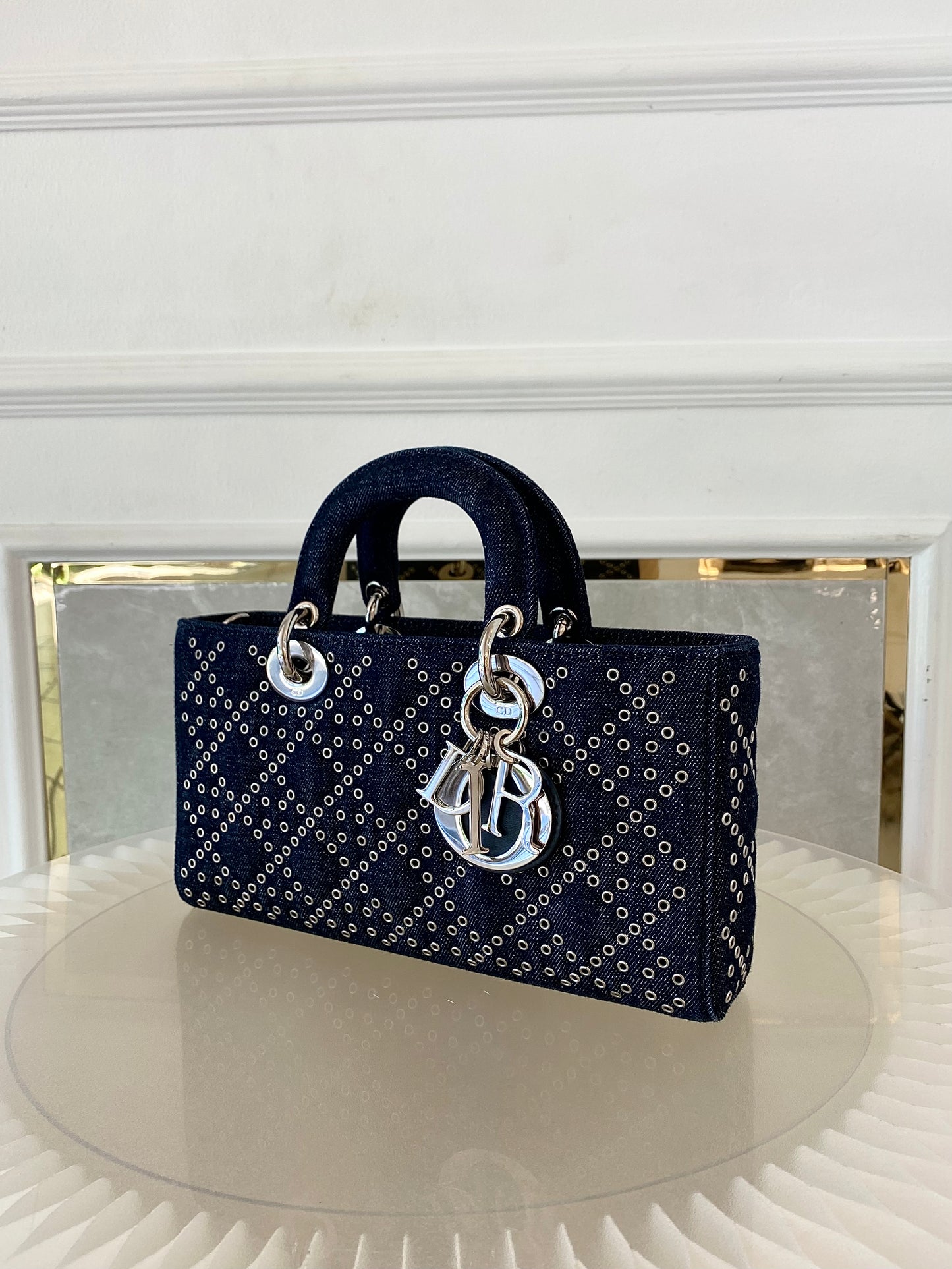 Dior Medium Lady D-Joy Bag In Navy Blue Denim w/ Metallic Eyelets