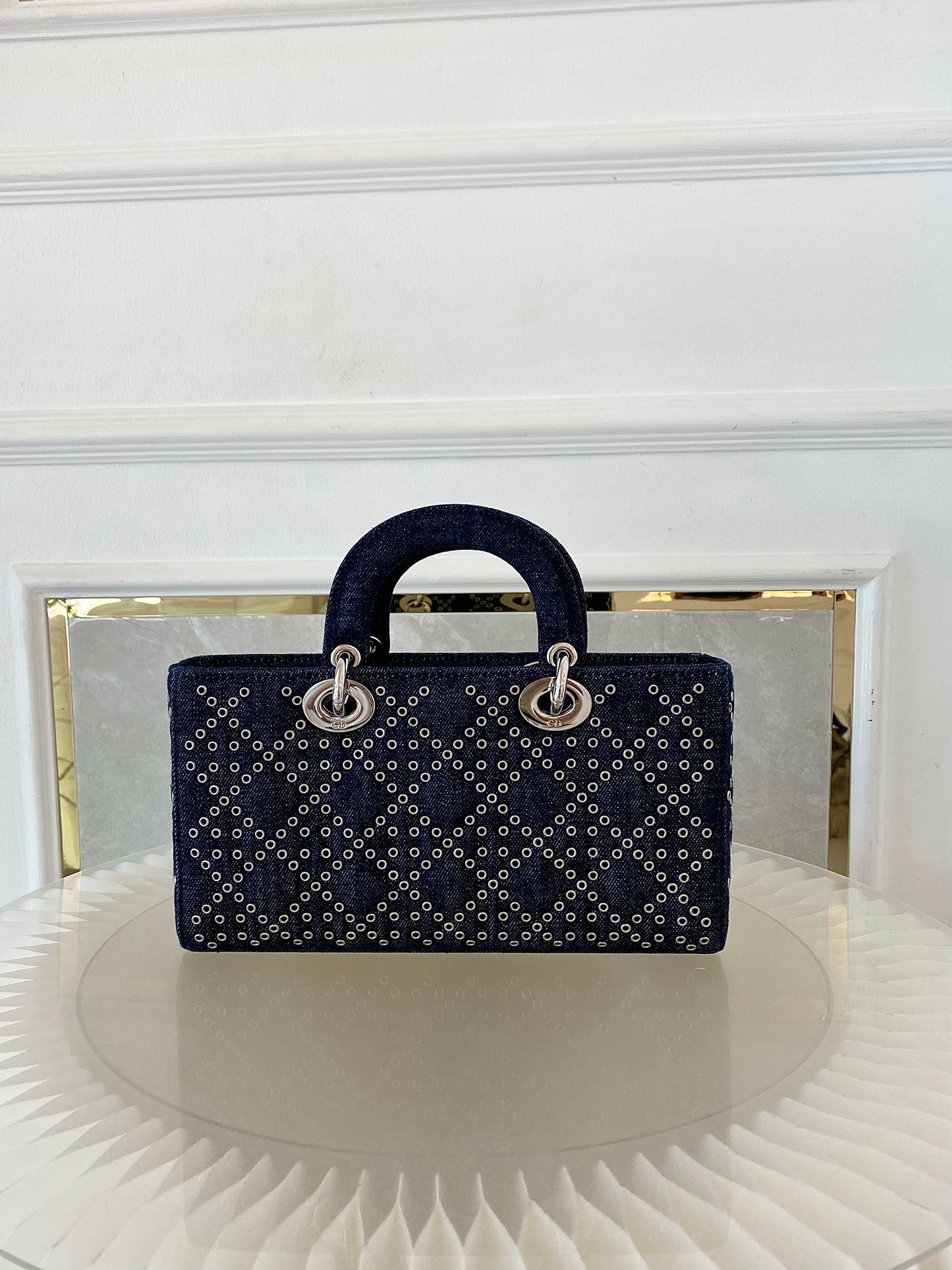 Dior Medium Lady D-Joy Bag In Navy Blue Denim w/ Metallic Eyelets