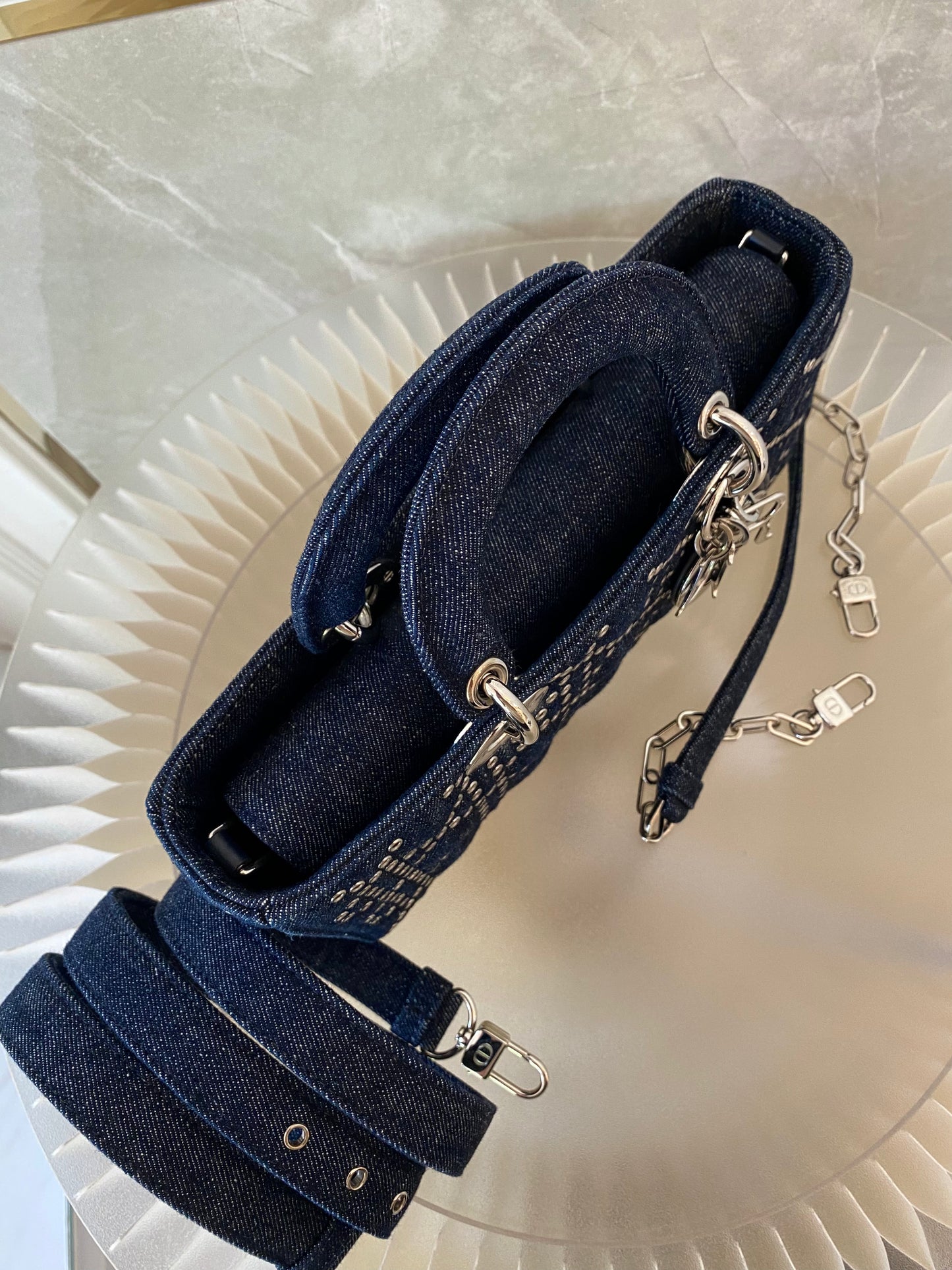 Dior Medium Lady D-Joy Bag In Navy Blue Denim w/ Metallic Eyelets