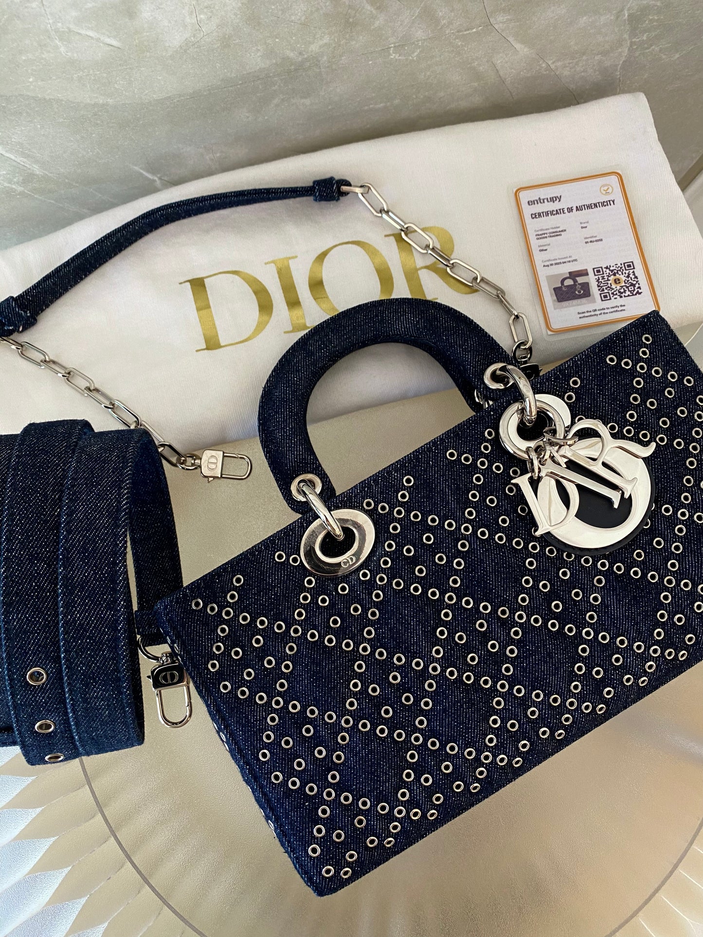 Dior Medium Lady D-Joy Bag In Navy Blue Denim w/ Metallic Eyelets