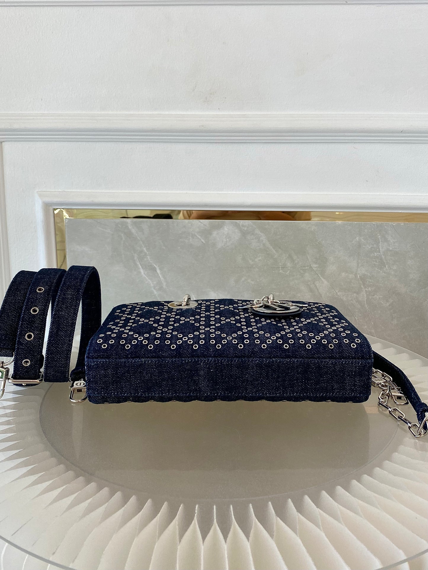 Dior Medium Lady D-Joy Bag In Navy Blue Denim w/ Metallic Eyelets