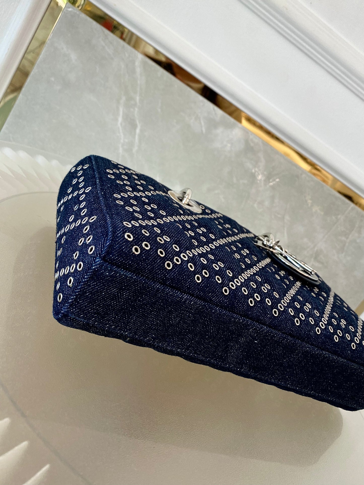 Dior Medium Lady D-Joy Bag In Navy Blue Denim w/ Metallic Eyelets
